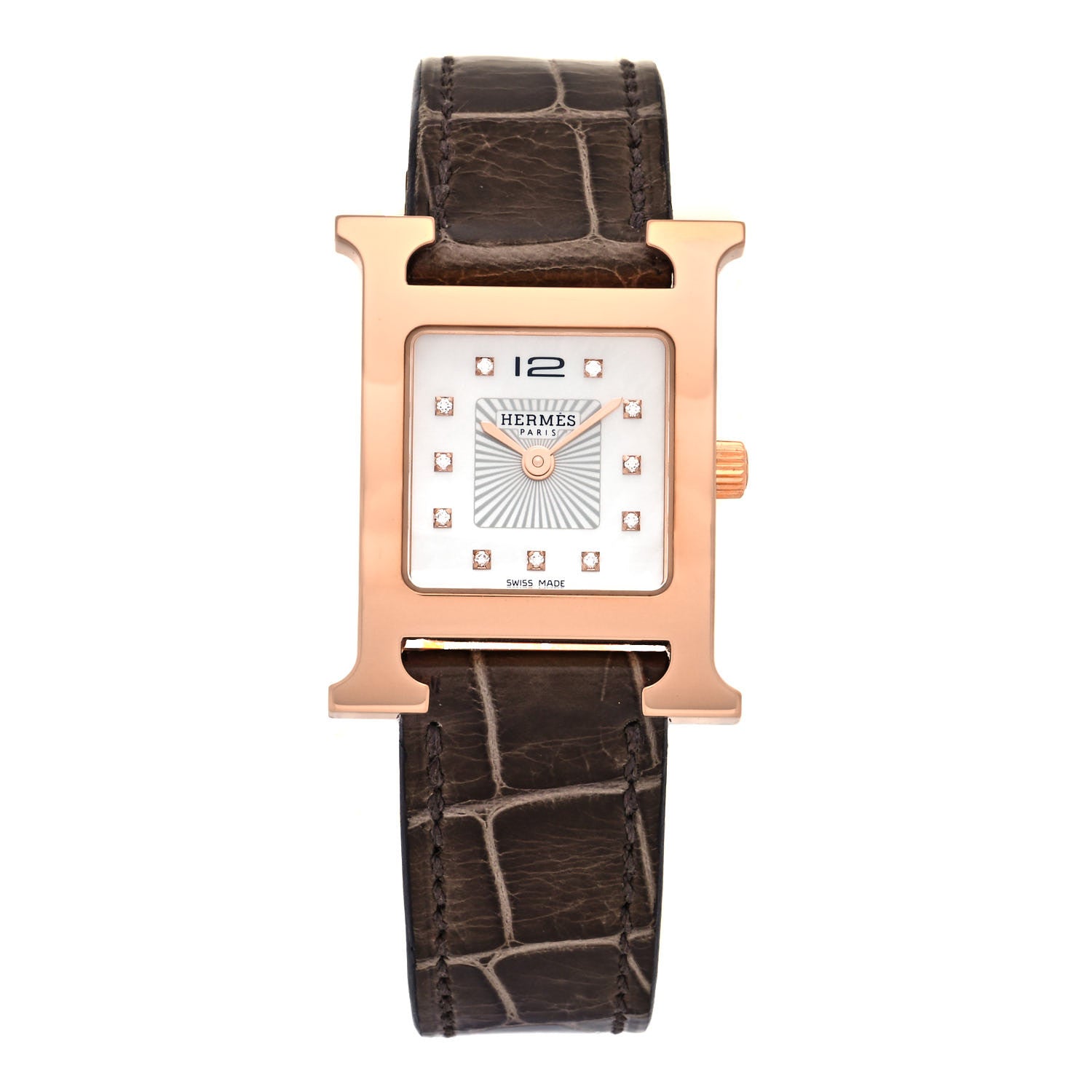 Hermes Stainless Steel Alligator Diamond Mother of Pearl 21mm Heure H Hour Quartz Watch Gris Elephant 1 of 5