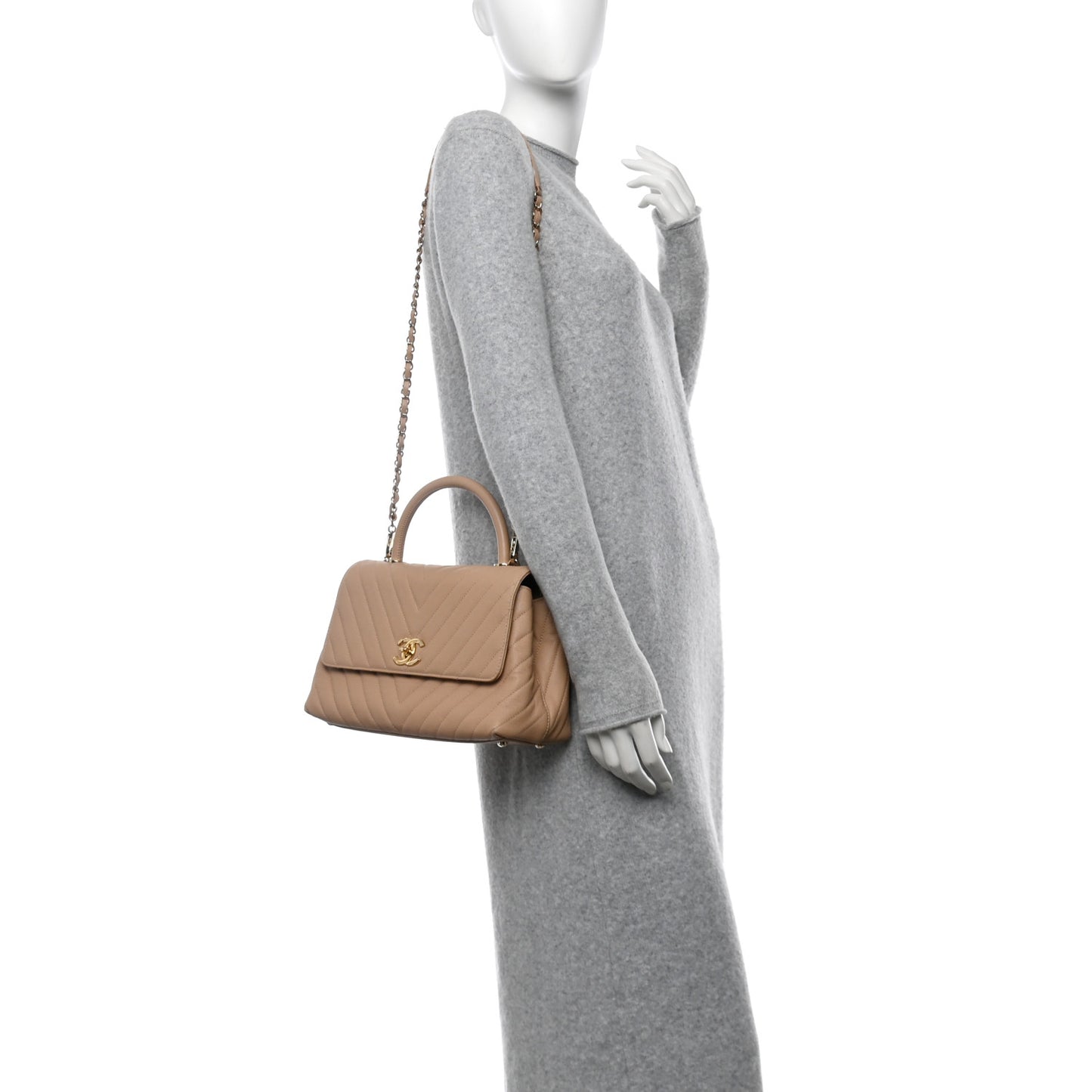 Caviar Chevron Quilted Small Coco Handle Flap Beige