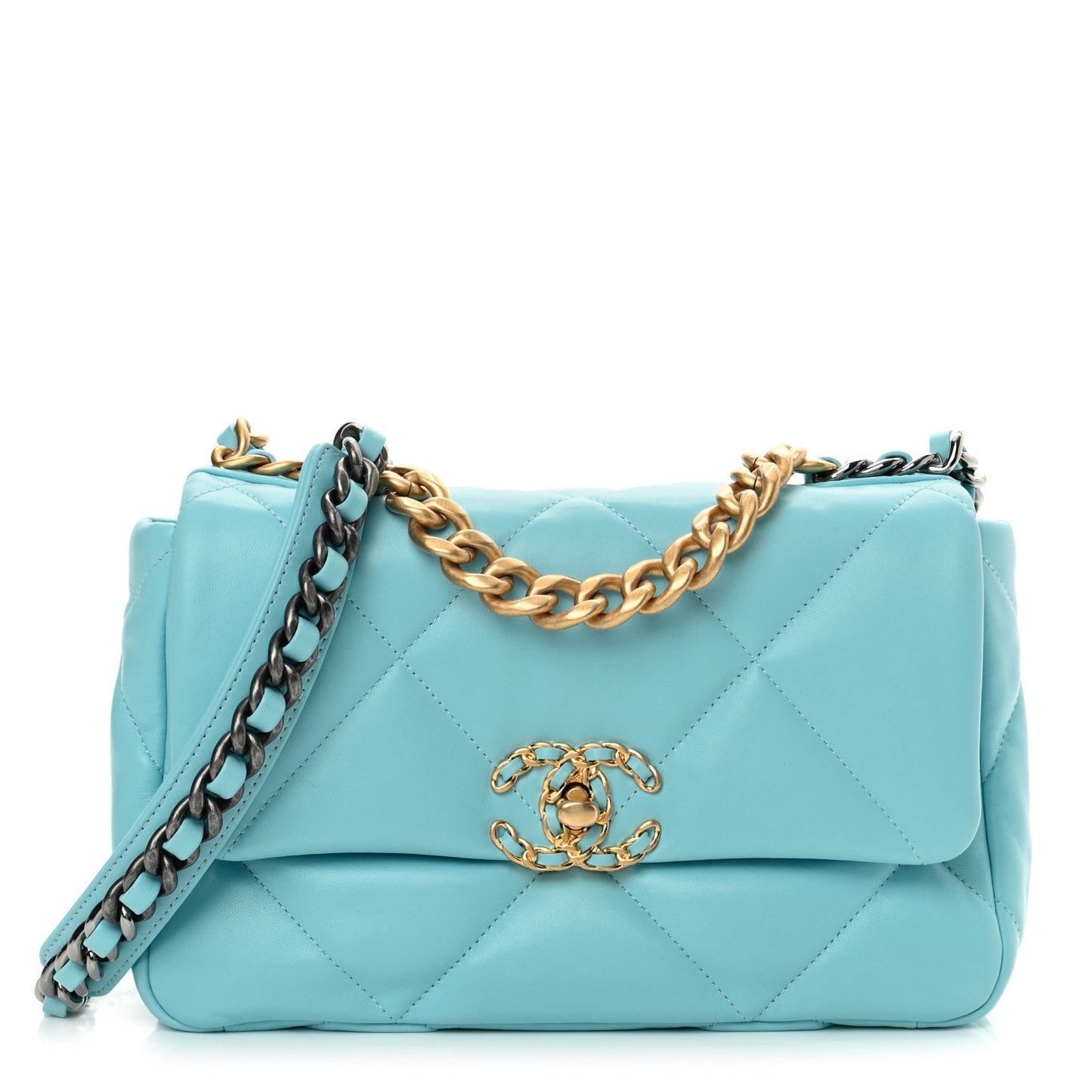Shiny Lambskin Quilted Medium Chanel 19 Flap Light Blue