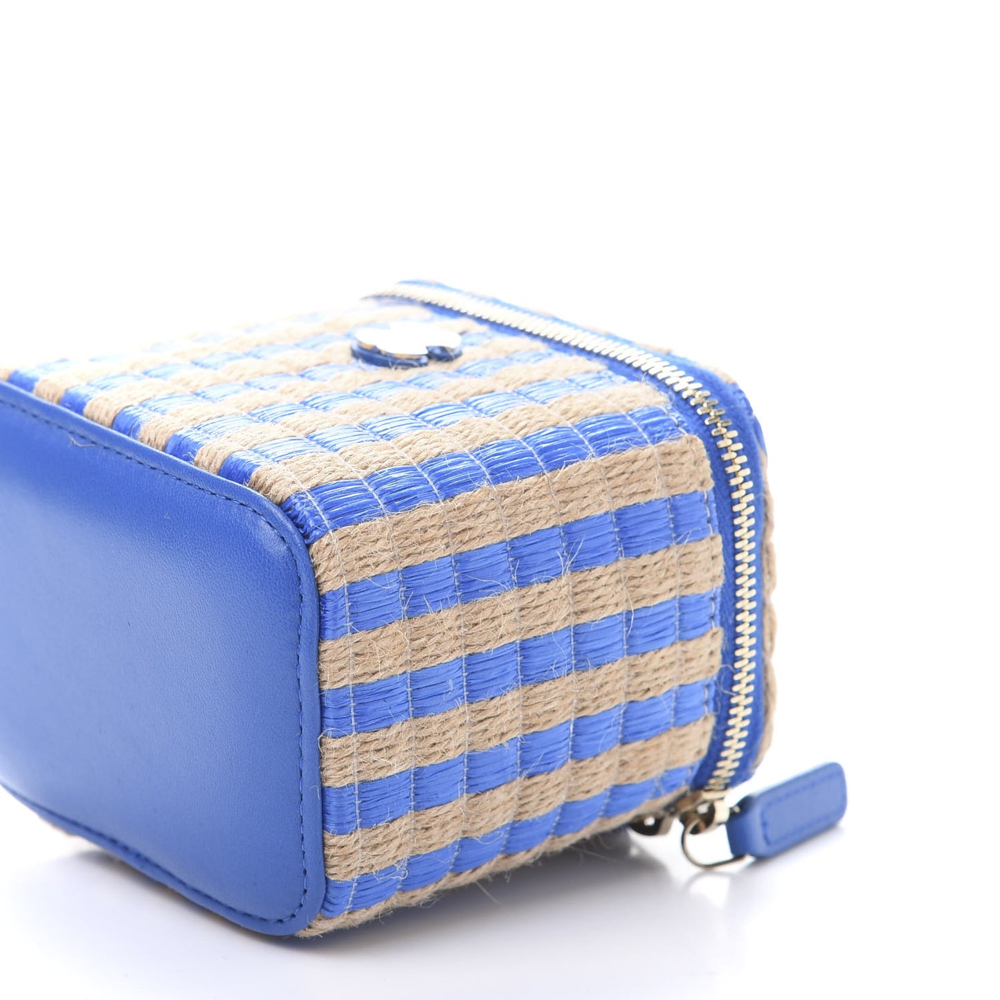 Raffia Jute Striped Mini Vanity Case With Chain Blue Beige