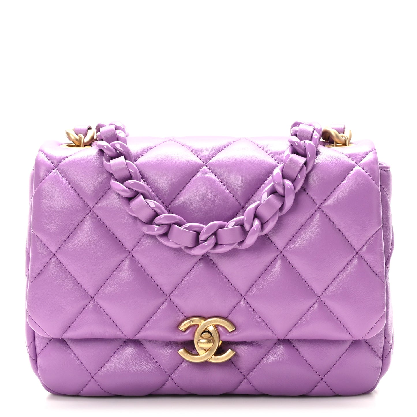 Lambskin Quilted Small Lacquered Chain Flap Purple