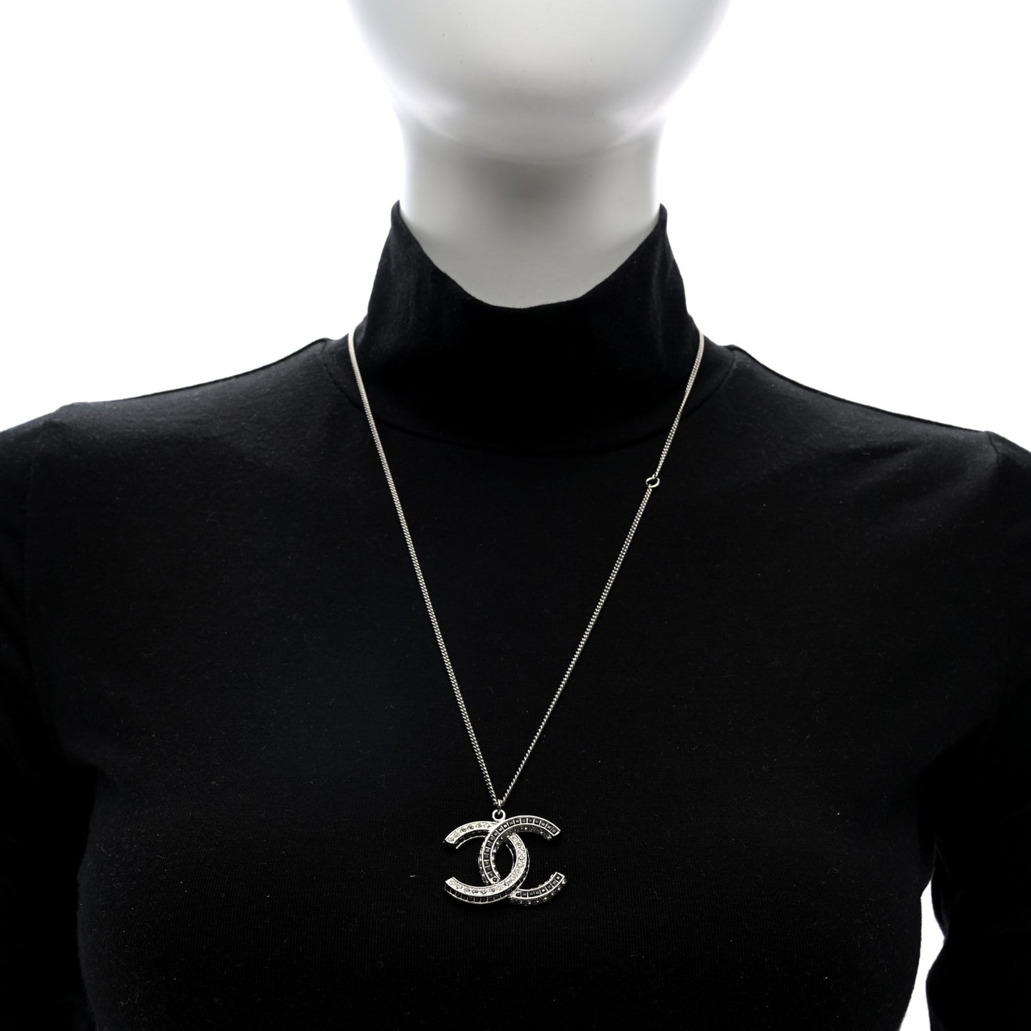 Baguette Crystal Large CC Necklace Silver Black