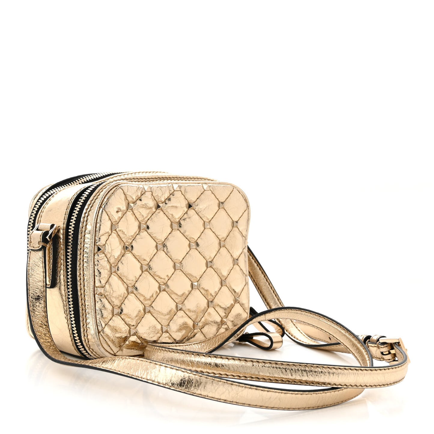 Metallic Wrinkled Lambskin Rockstud Spike Double Zip Camera Crossbody Bag Mekong