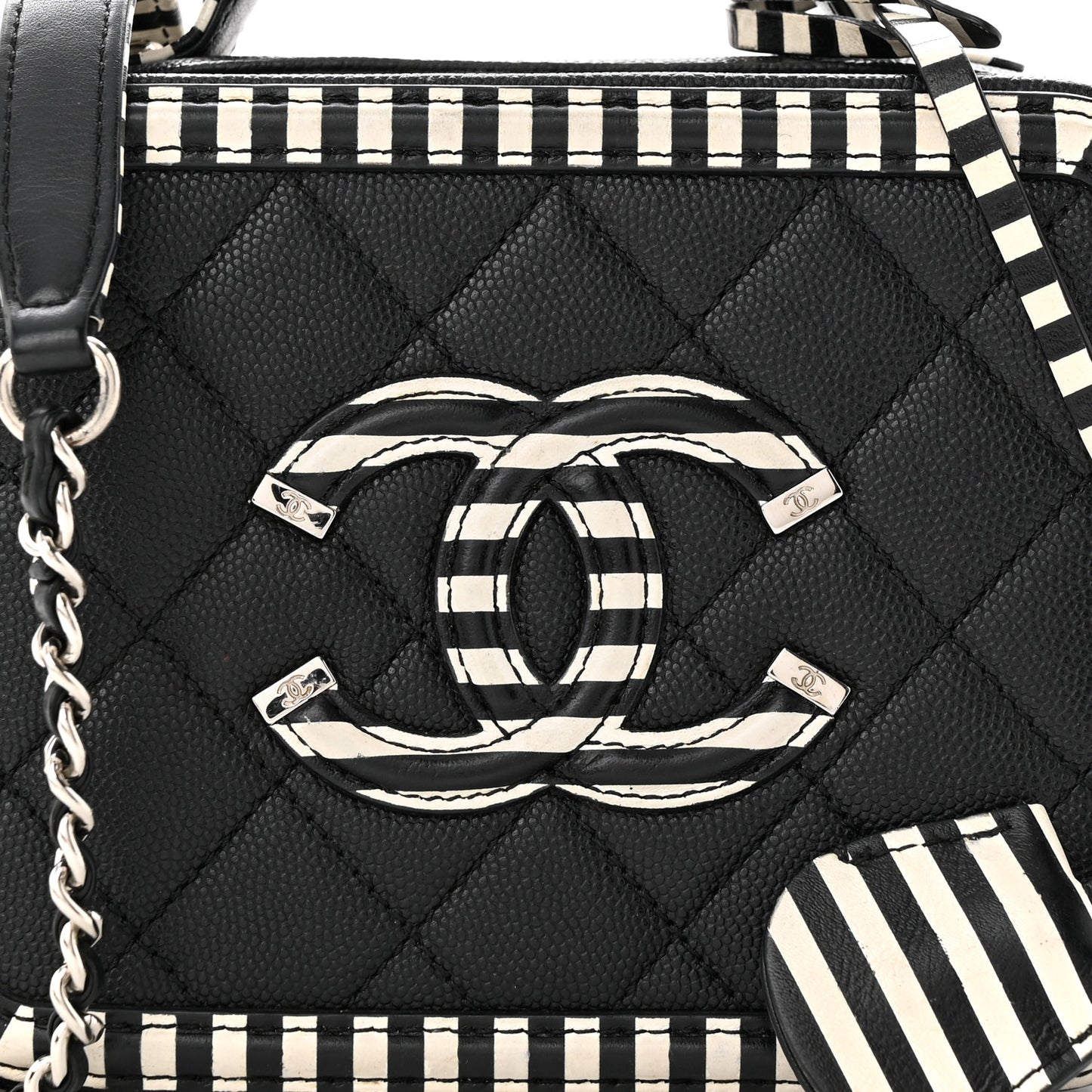 Caviar Quilted Striped Small CC Filigree Vanity Case Black White