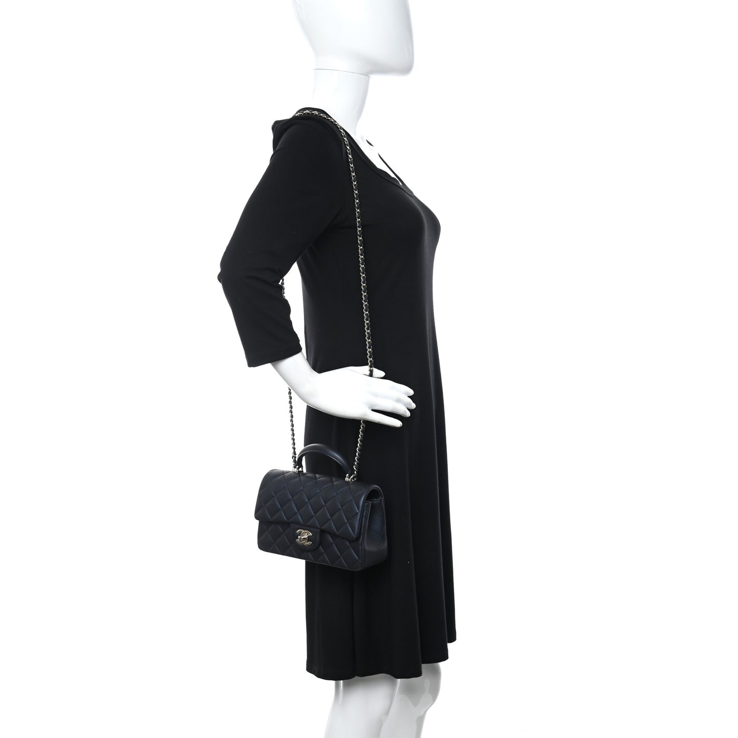 Lambskin Quilted Mini Top Handle Rectangular Flap Navy Blue