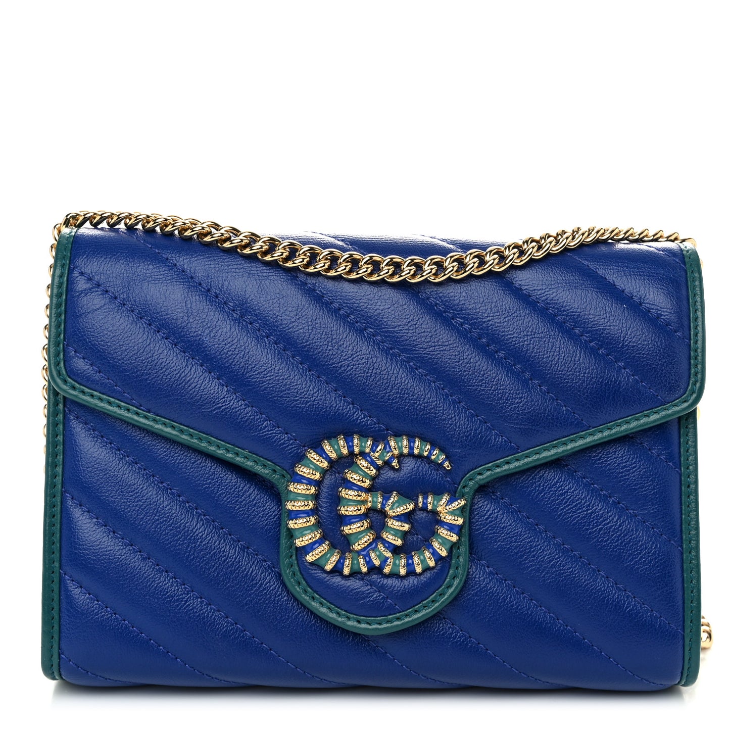 Azalea Calfskin Enamel Matelasse Diagonal Torchon GG Marmont Chain Wallet Imperial Blue Pavone