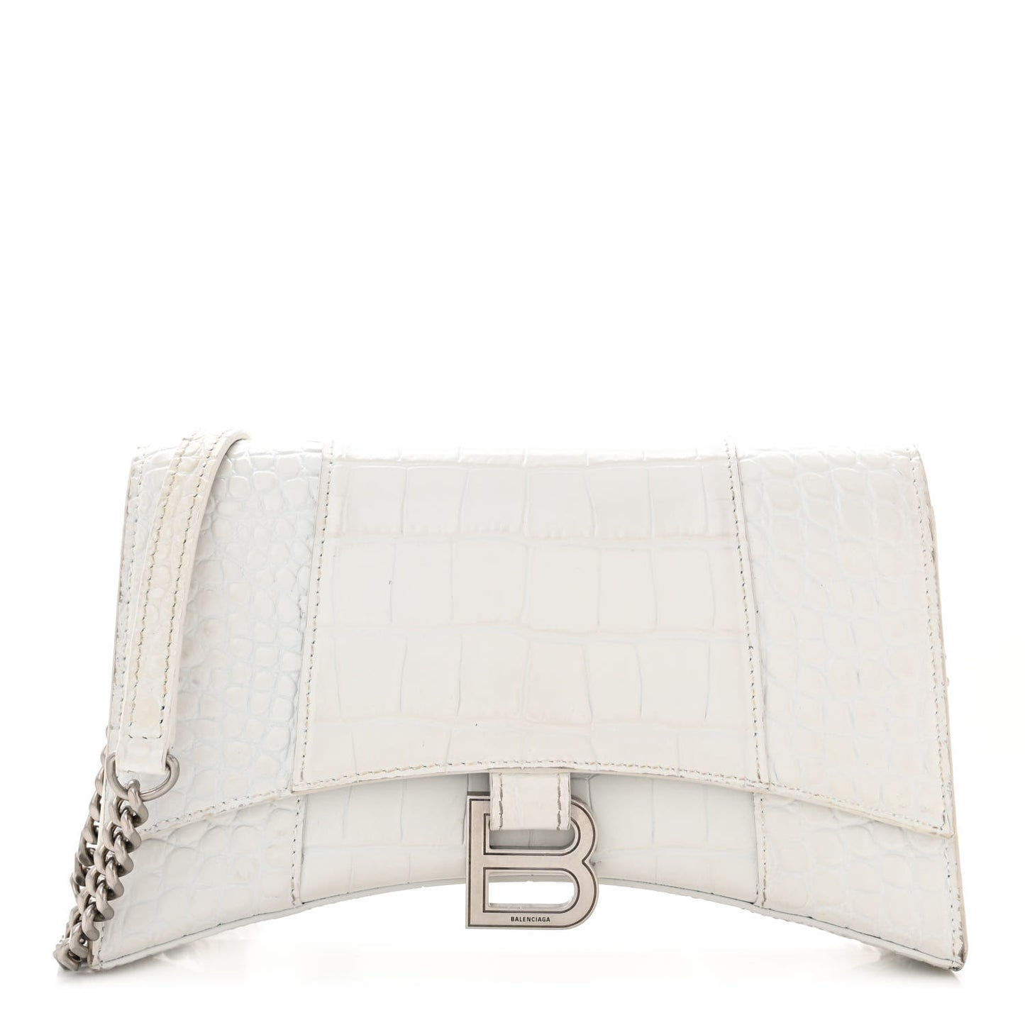 Shiny Calfskin Crocodile Embossed Small Hourglass Evening Chain Bag White