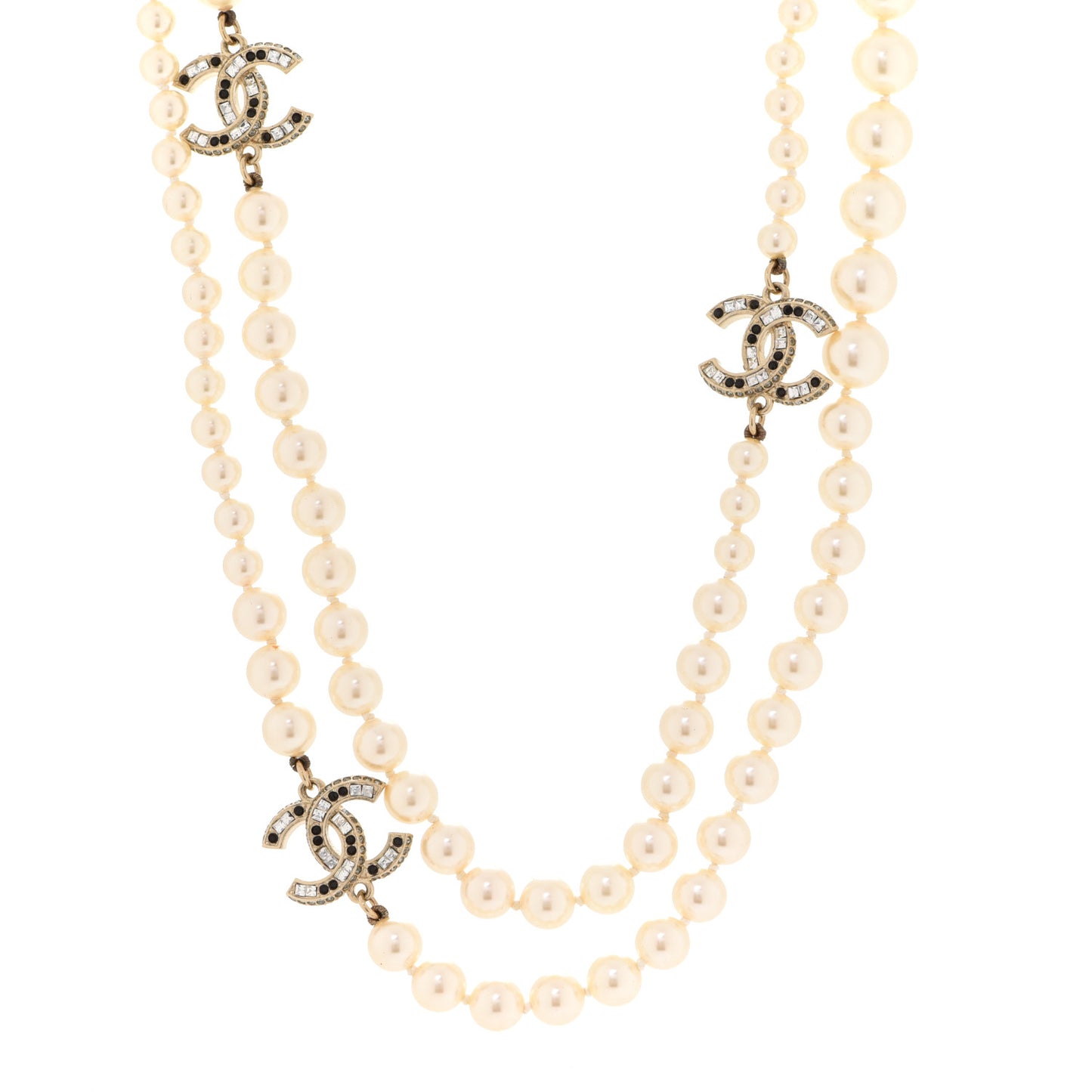 Baguette Crystal Pearl CC Long Necklace Black Gold