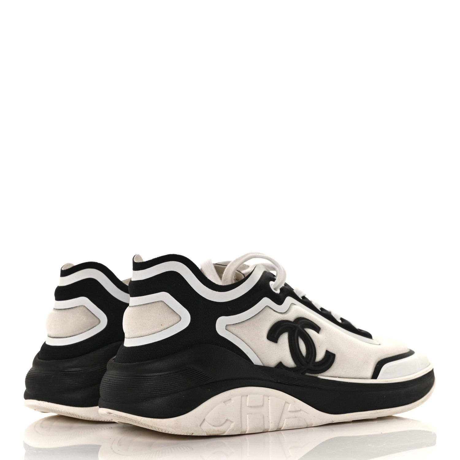 Chanel Lycra Womens CC Sneakers 38.5 White Black 4 of 6