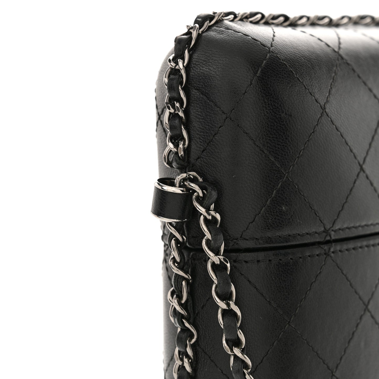 Lambskin Quilted Chain Around Phone Holder Black