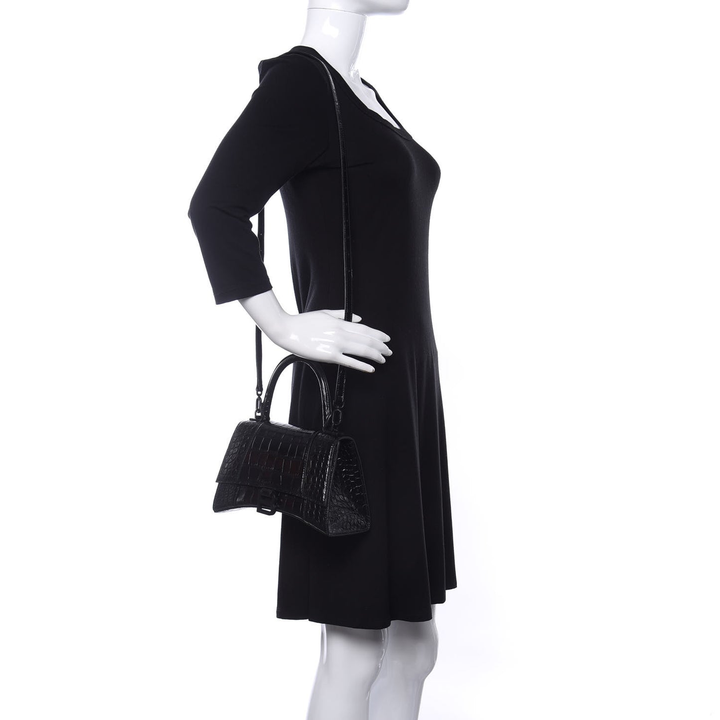Shiny Calfskin Monochrome Crocodile Embossed Small Hourglass Top Handle Bag Black