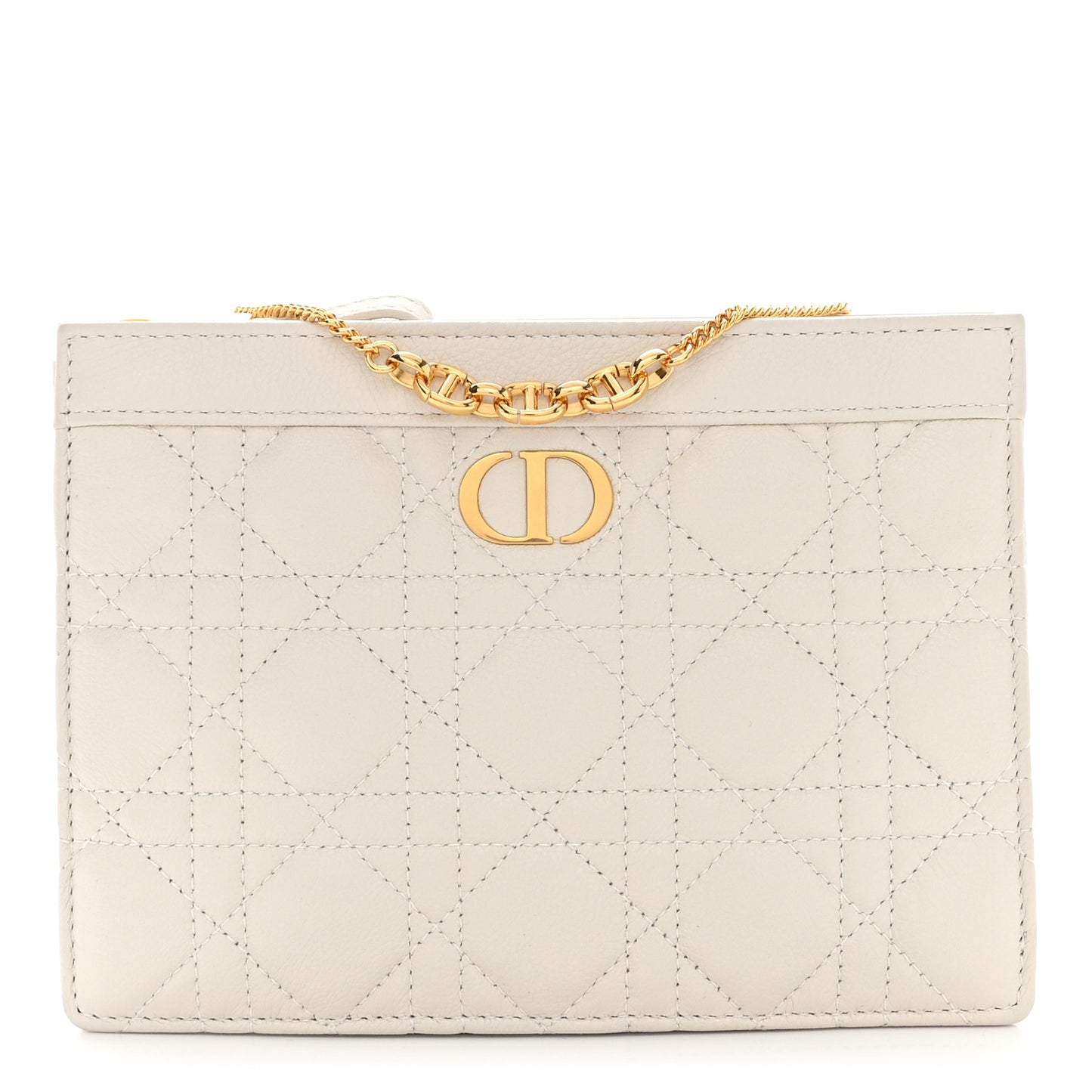 Calfskin Cannage Caro Zipped Pouch With Chain Latte
