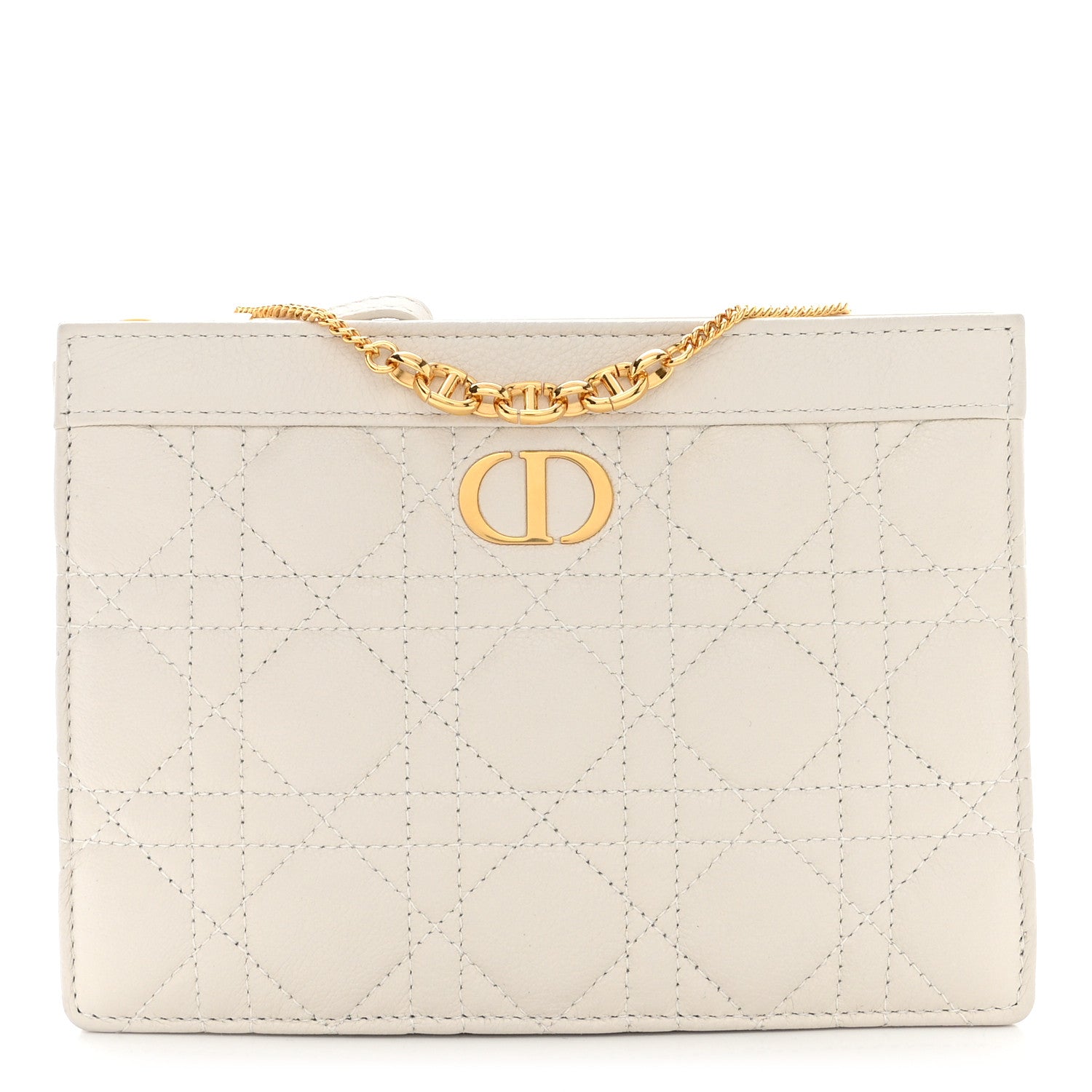 Christian Dior Calfskin Cannage Caro Zipped Pouch With Chain Latte 1 of 9