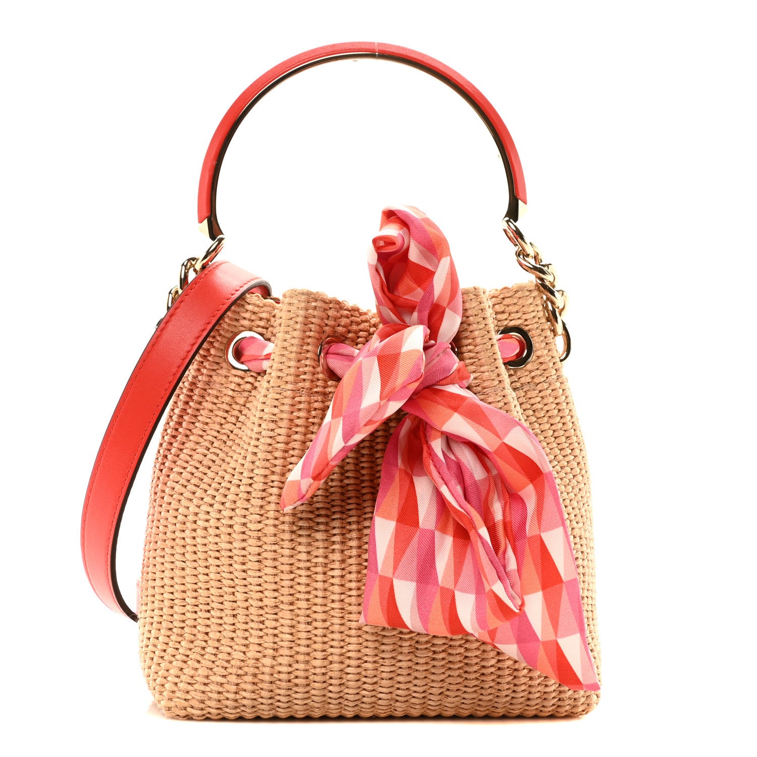 JIMMY CHOO　ボンボン　ラフィアリボンバッグ Jimmy Choo Raffia Bon Bon Bow Bucket Bag Natural Paprika 1653725