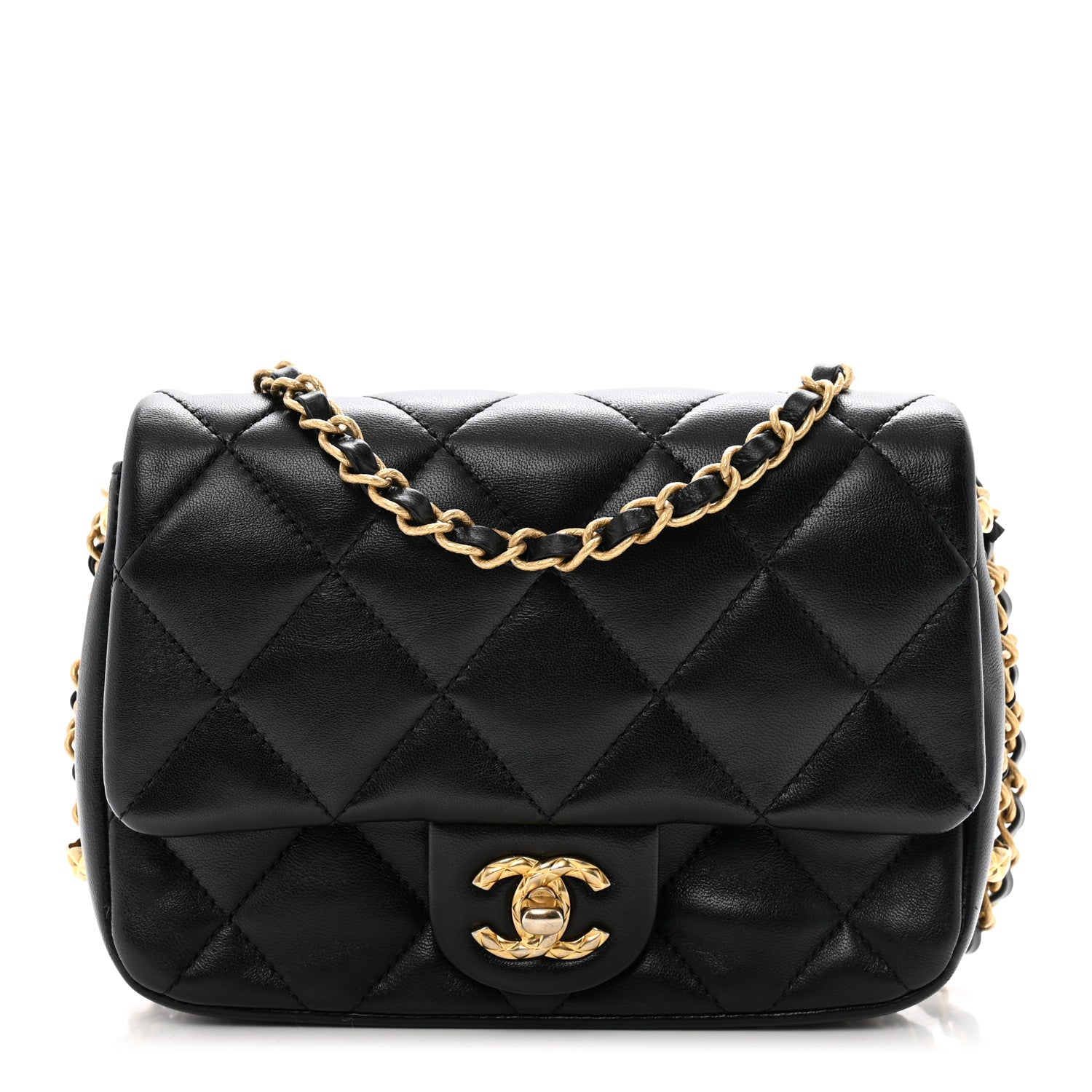 Chanel Black Quilted Bag with Gold Chain *AUTHENTIC* Chanel Shiny Lambskin Quilted Chain Around Flap Bag Black  main image 3