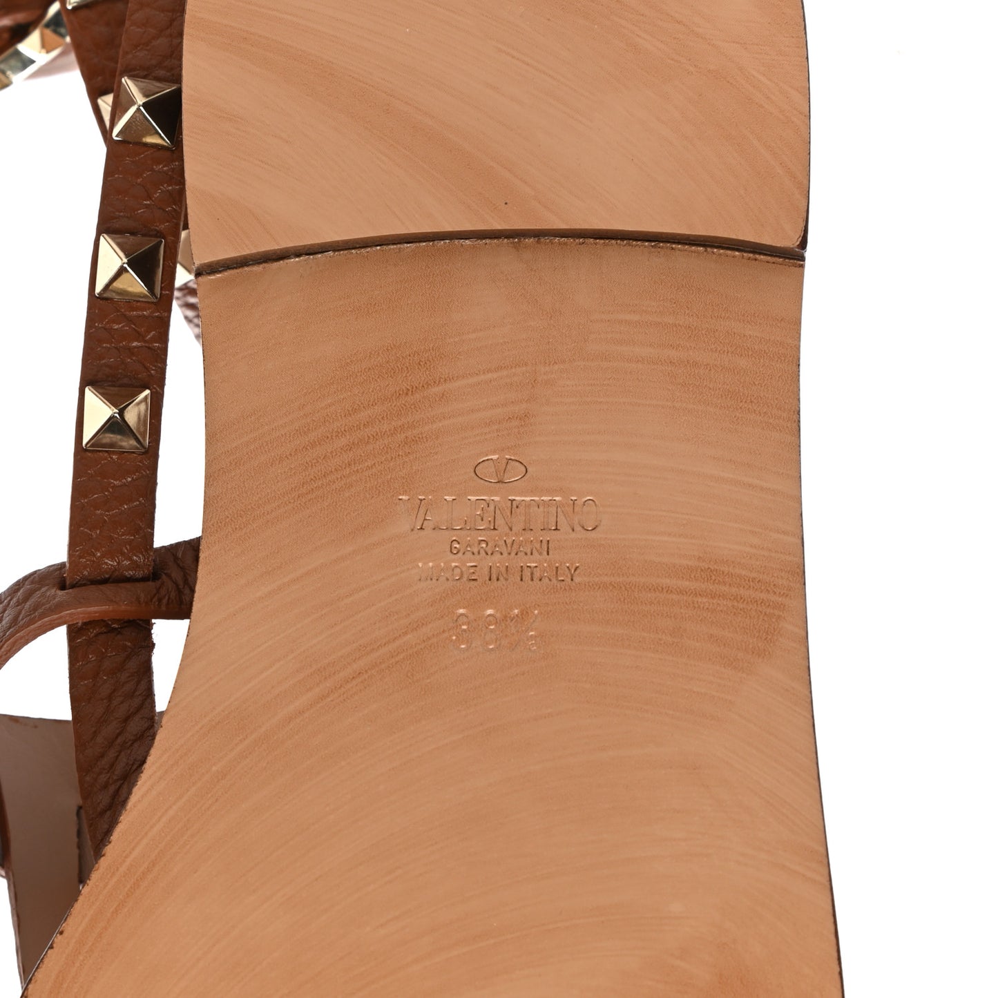 Pebbled Calfskin Rockstud Ankle Wrap Flat Thong Sandals 38.5 Light Cuir
