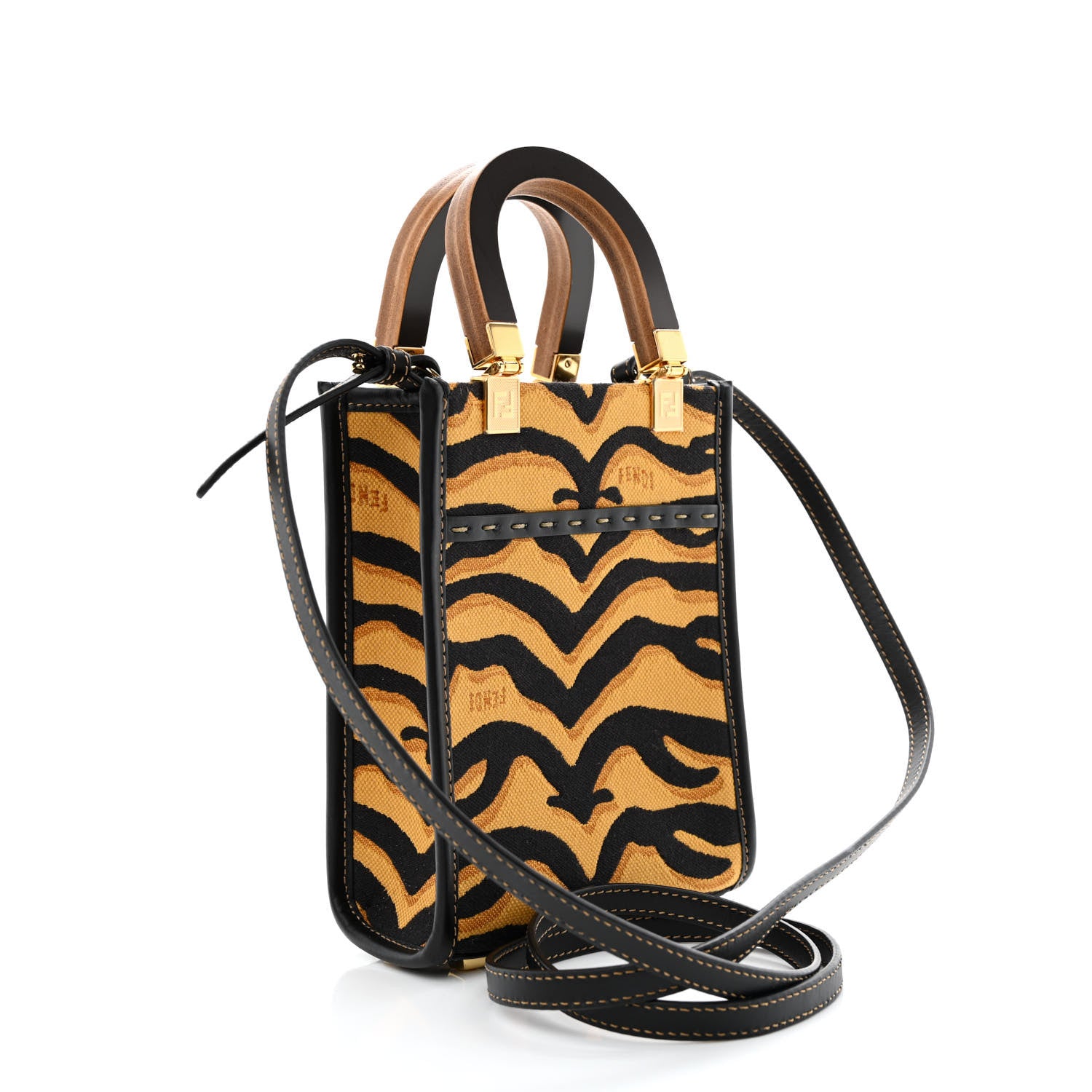 Fendi Canvas Vitello King Chinese New Year Tiger Embroidered Fendi Sunshine Shopper Tote Black Dark Yellow 3 of 10