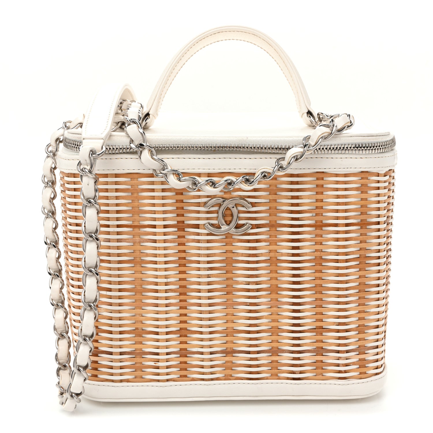Chanel Glazed Calfskin Raffia Vanity Case Bag White Beige 1921794