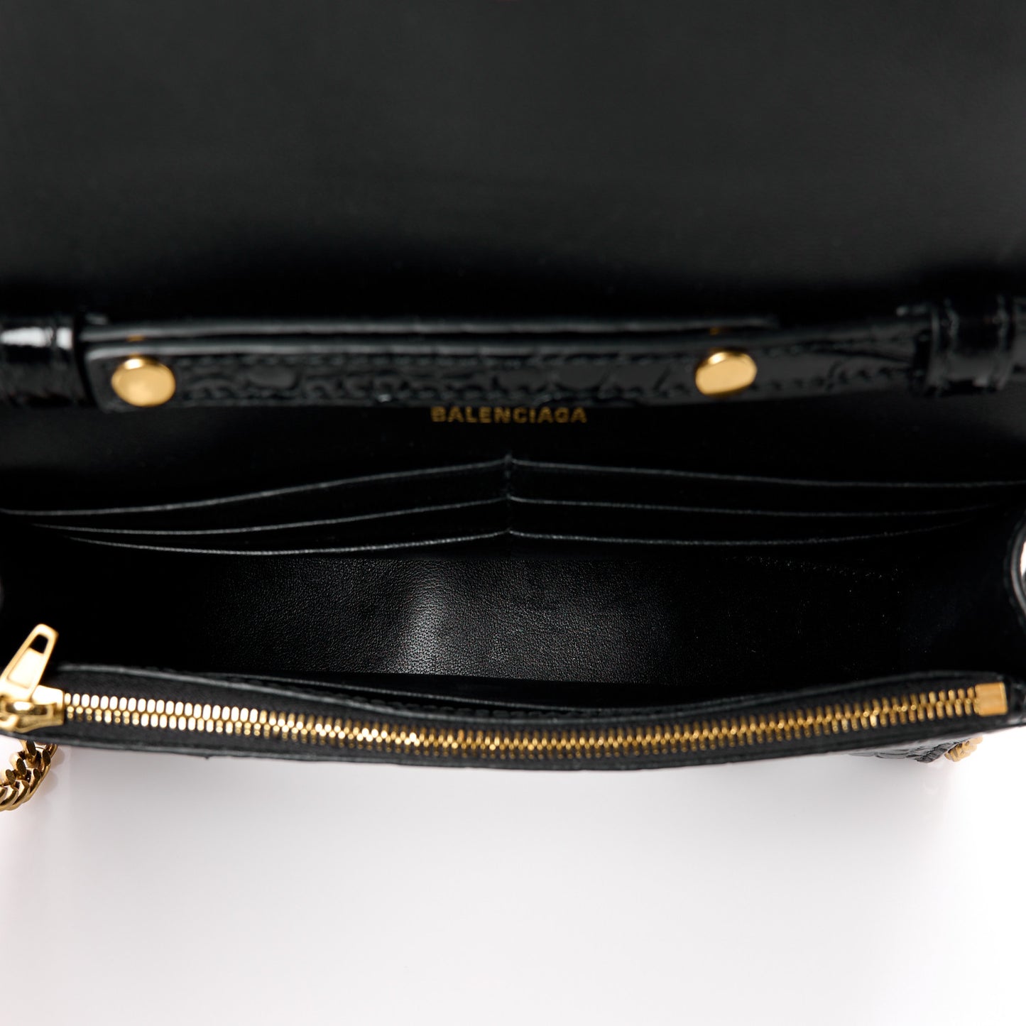 Shiny Calfskin Crocodile Embossed Hourglass Chain Bag Black