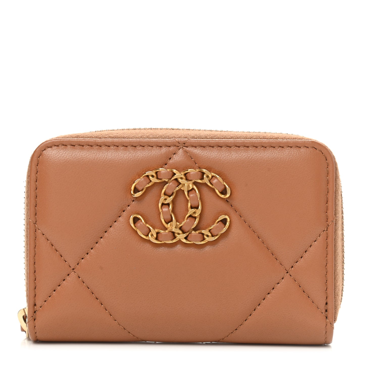 Lambskin Quilted Chanel 19 Zip Around Coin Purse Wallet Brown