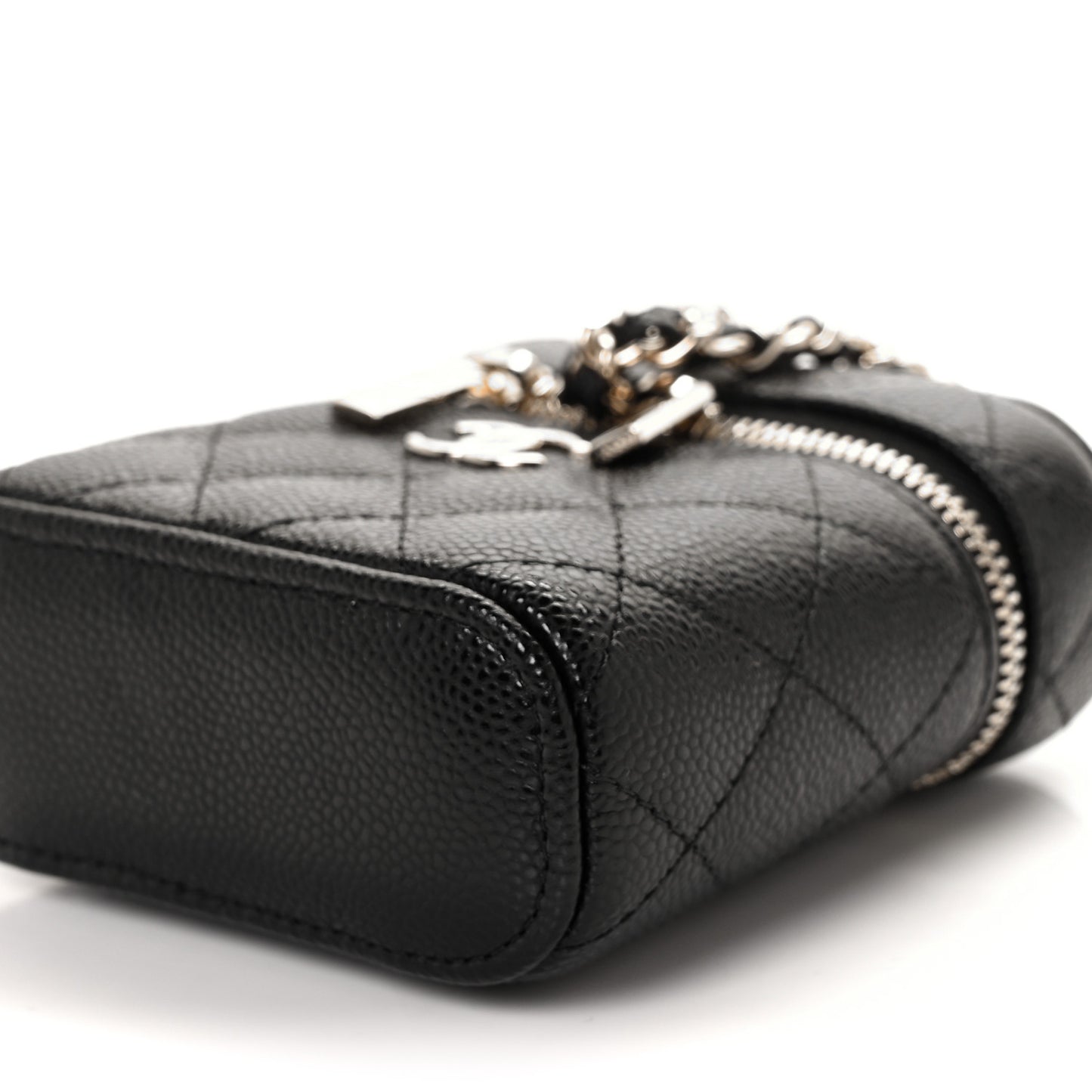 Caviar Quilted Small Handle With Care Vanity Case With Chain Black