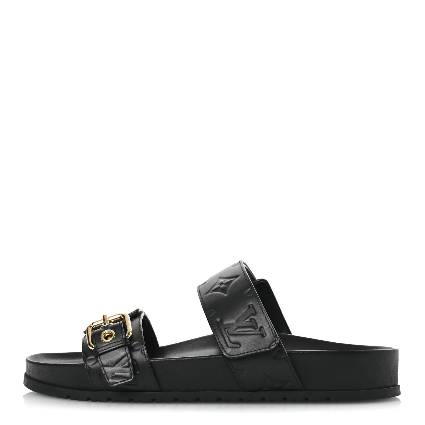 Lambskin Embossed Monogram Bom Dia Flat Mule Sandals 38 Black