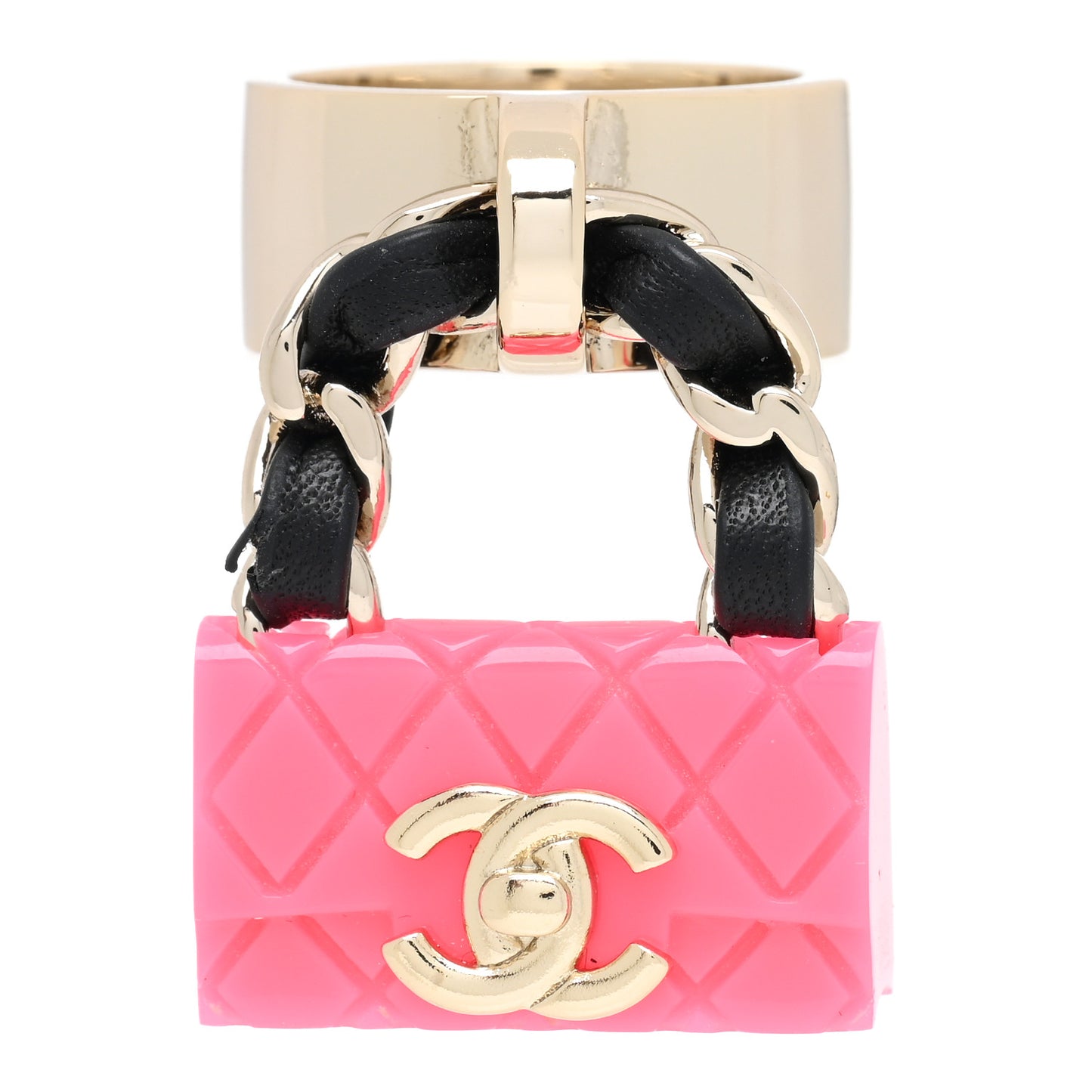 Calfskin Metal Resin CC Quilted Flap Ring 52 6 Gold Black Pink