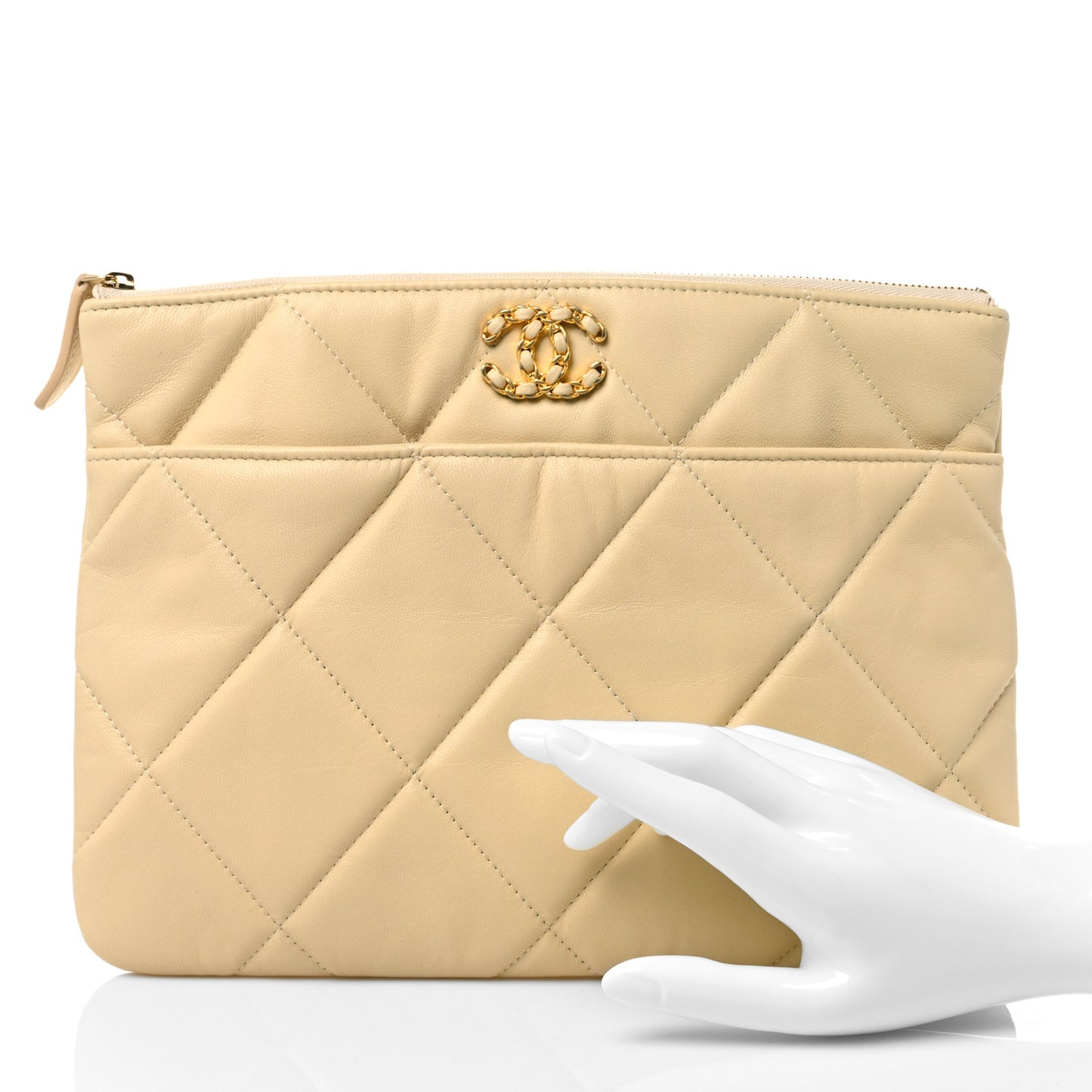 Shiny Goatskin Quilted Chanel 19 Pouch Beige