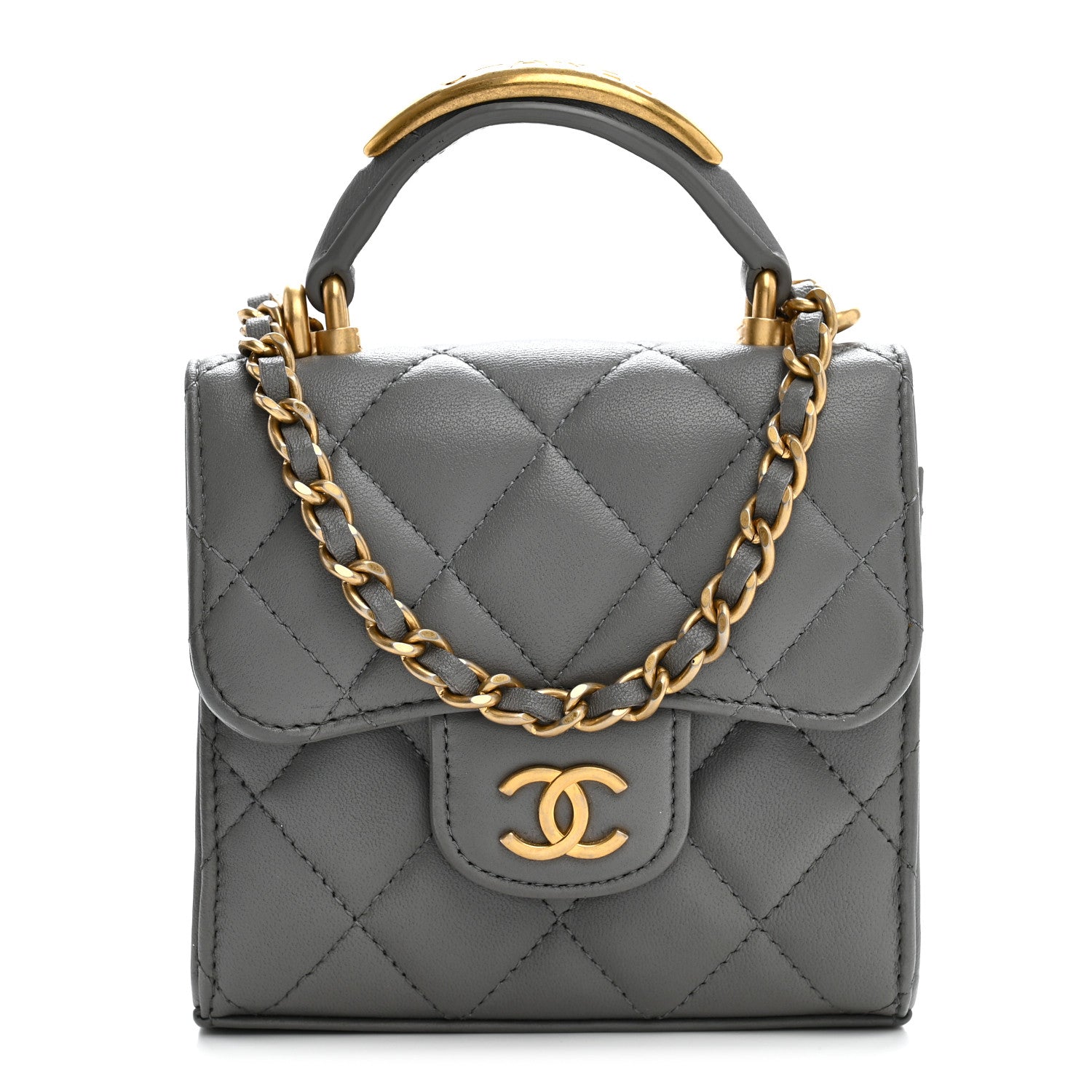 Chanel Lambskin Quilted Metal Top Handle Flap Clutch With Chain