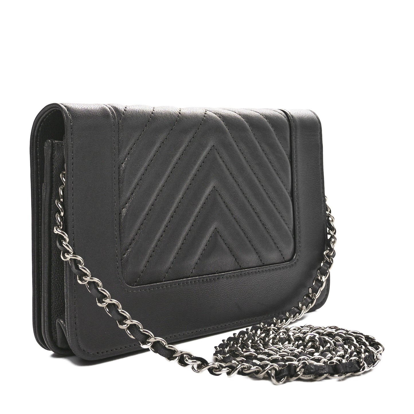 Metallic Goatskin Chevron Quilted Vintage Mademoiselle Wallet On Chain WOC Charcoal