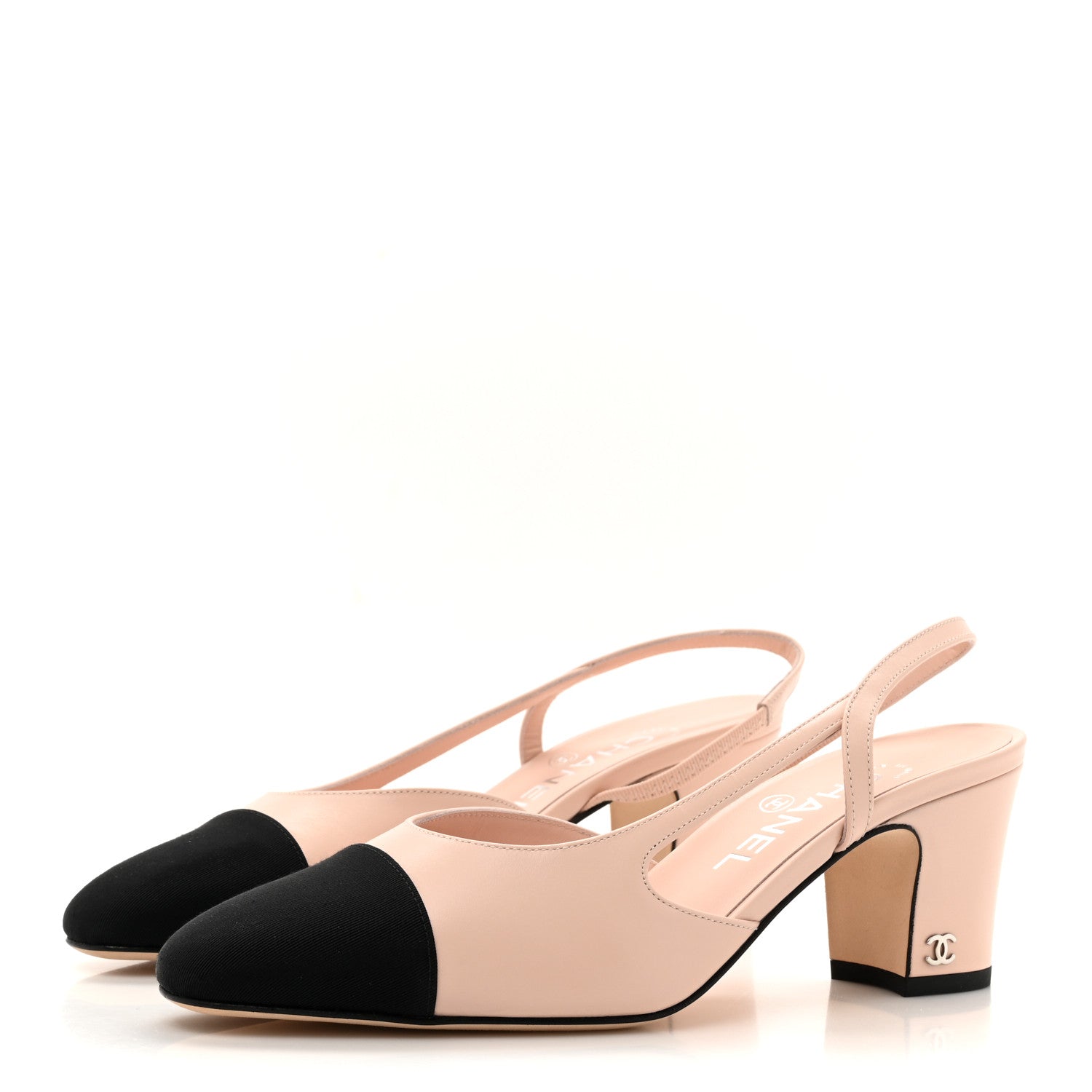 Chanel Calfskin Grosgrain Cap Toe CC Slingback Pumps 37 Light Pink Black 4 of 10