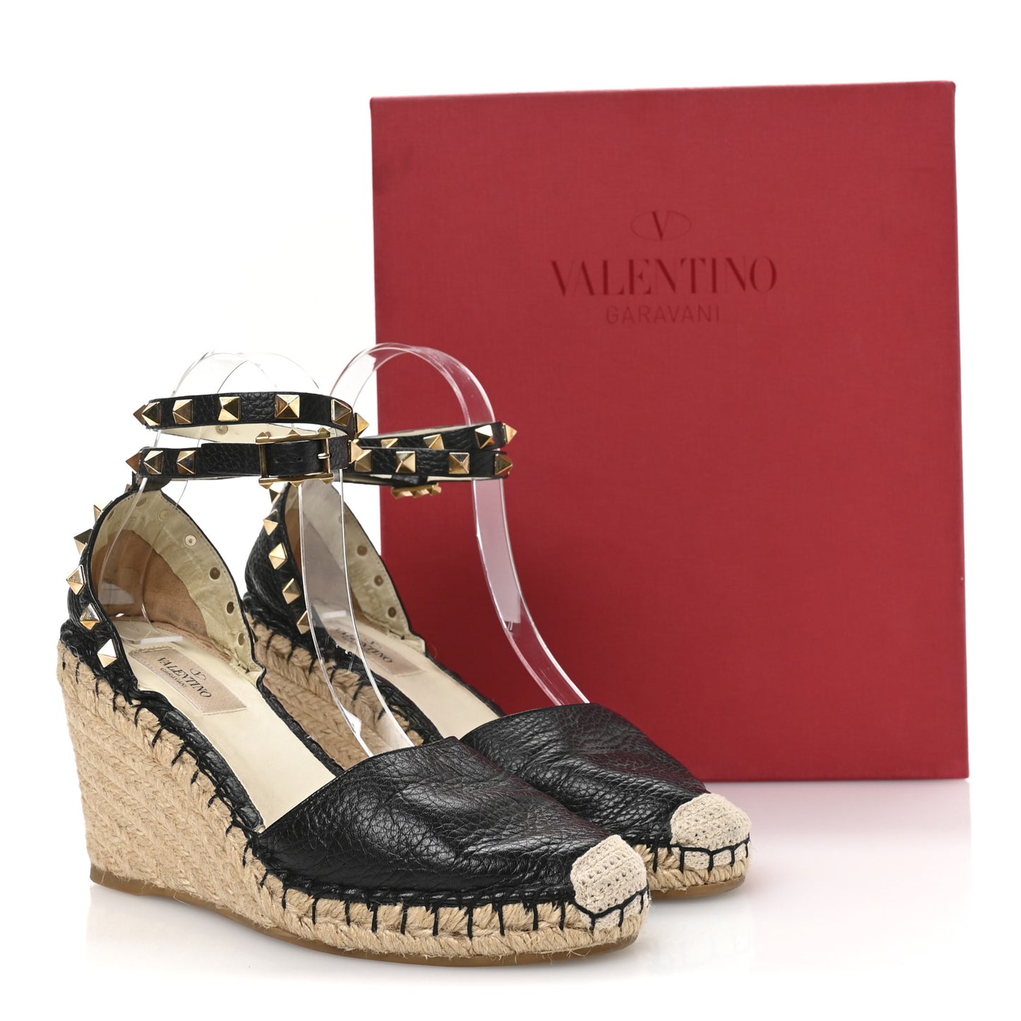 Grained Calfskin Rockstud Ankle Wrap Espadrille 15/85mm Wedges 38 Black Light Cuir