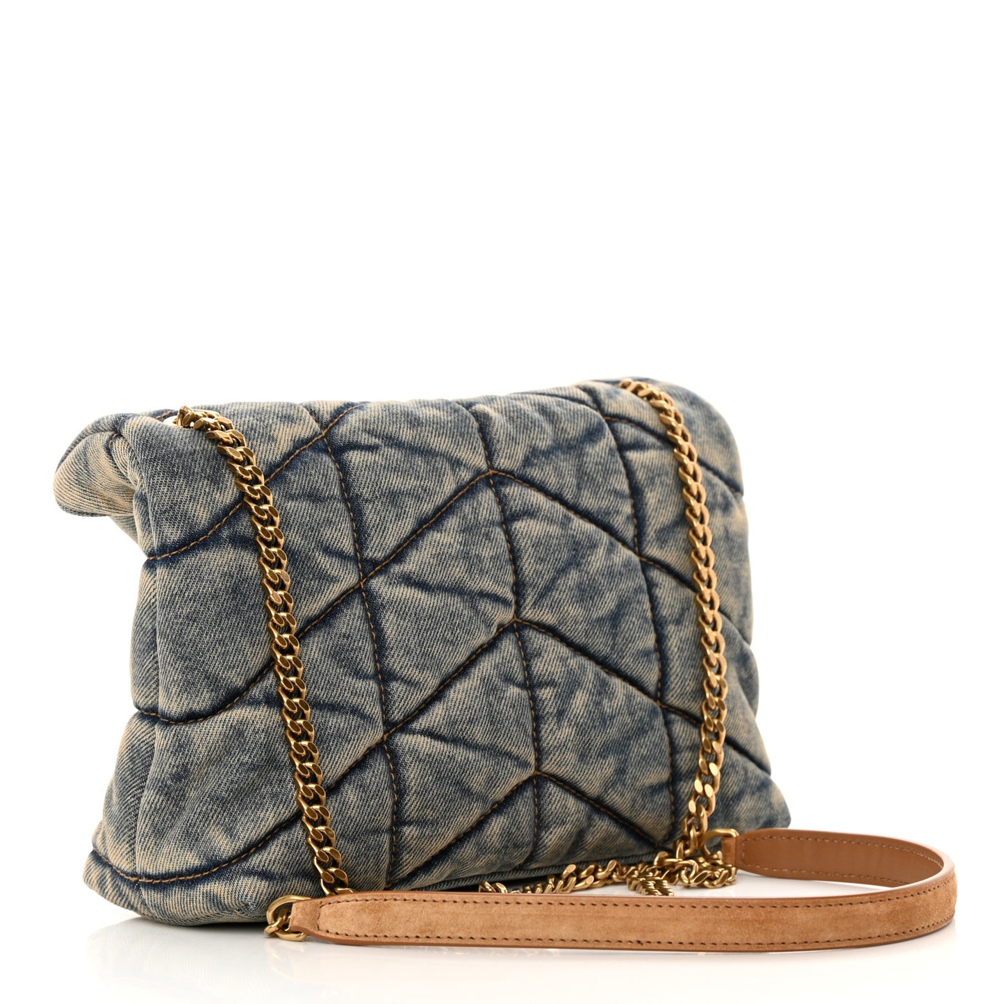 Denim Quilted Toy Loulou Puffer Monogram Chain Satchel Blue Cinnamon