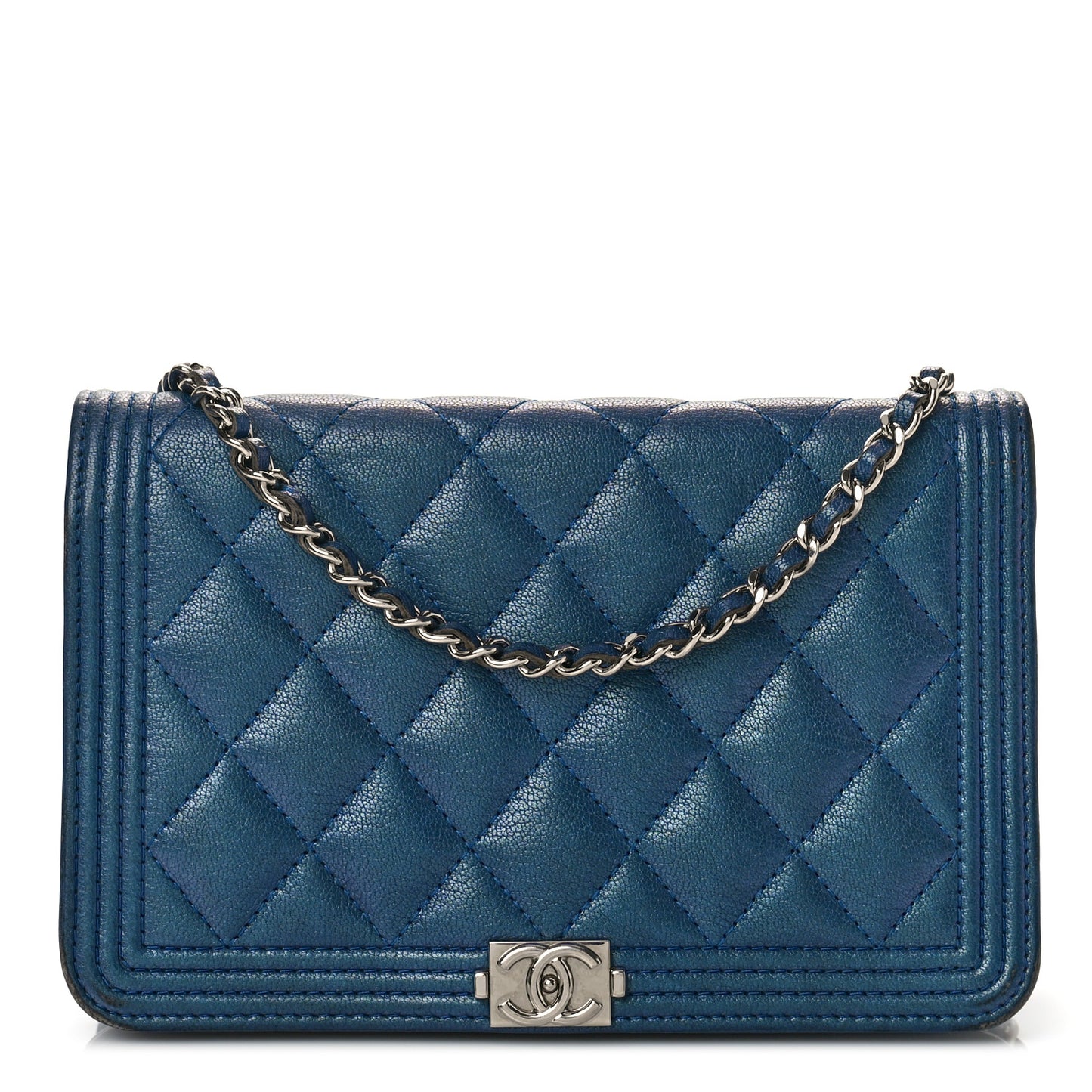 Iridescent Goatskin Quilted Boy Wallet On Chain WOC Blue