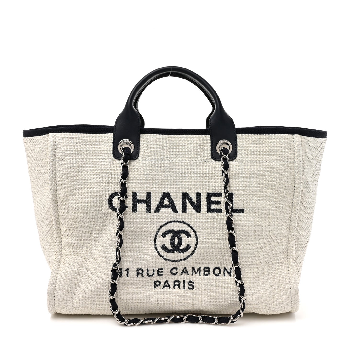 Woven Straw Raffia Medium Deauville Tote White Navy