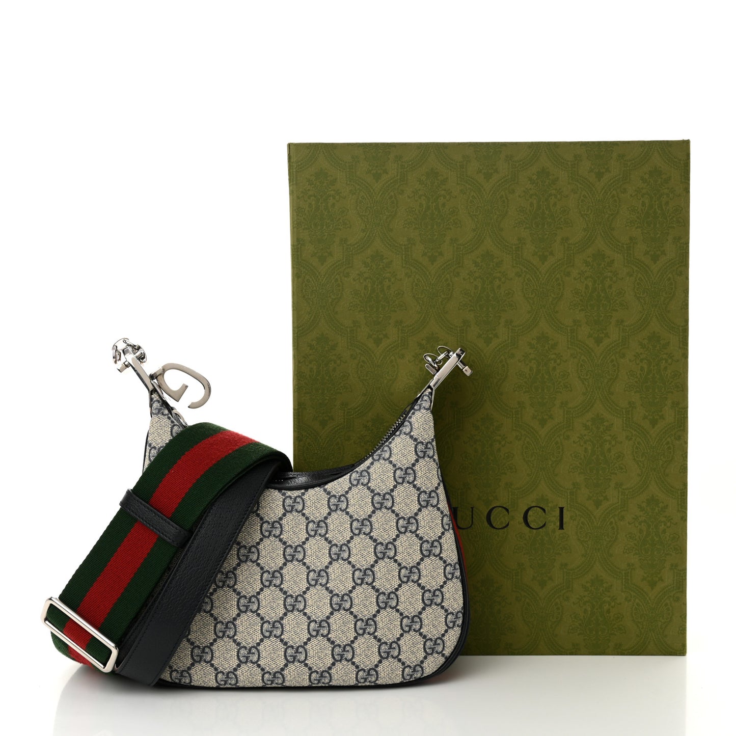 GG Supreme Monogram Textured Calfskin Web Small Attache Shoulder Bag Beige Blue