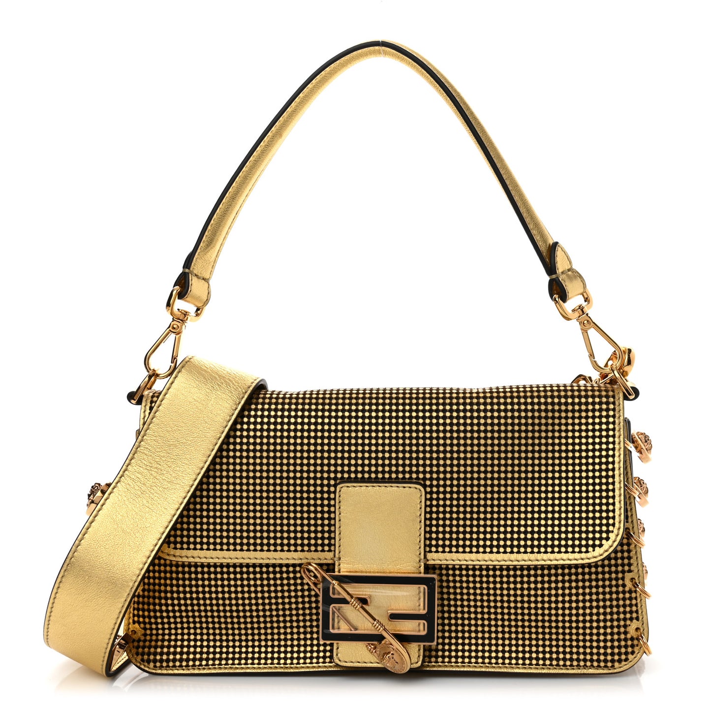 X VERSACE Metallic Nappa Perforated Fendace Brooch Baguette Gold