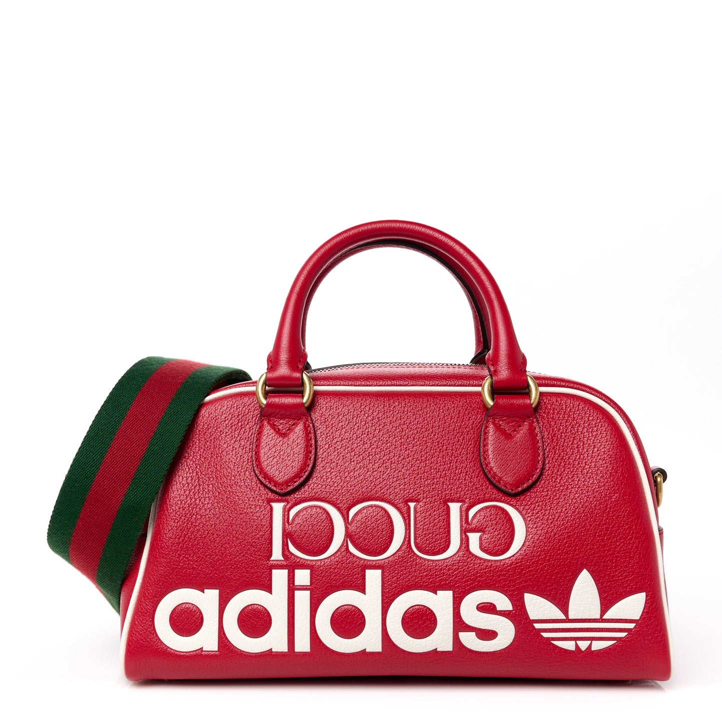 X ADIDAS Textured Dollar Calfskin Web Trefoil Logo Embossed Mini Bowling Bag Red Off White