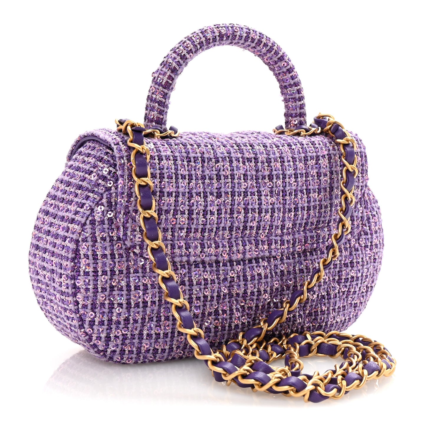 Tweed Sequin Quilted Baywatch Top Handle Flap Purple Silver Light Purple