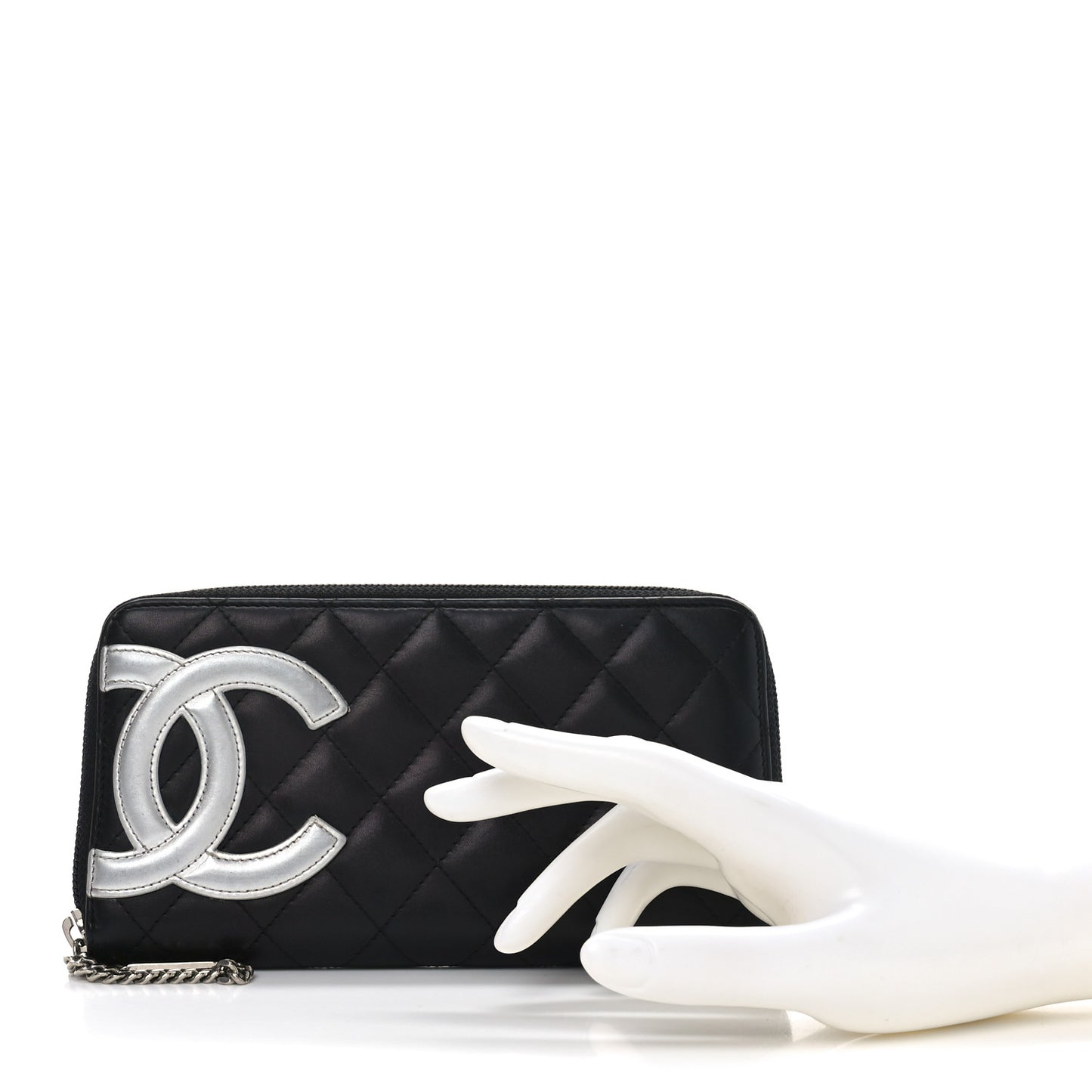 Calfskin Quilted Cambon Large Gusset Zip Around Wallet Black Silver