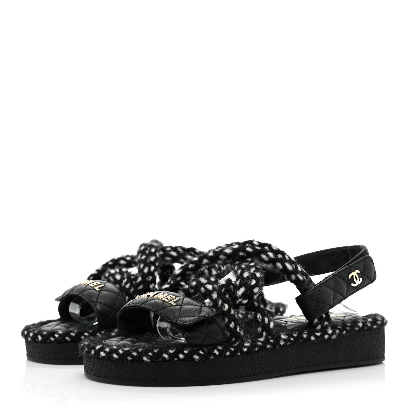Cord Lambskin Quilted Logo Sandals 37 Black White