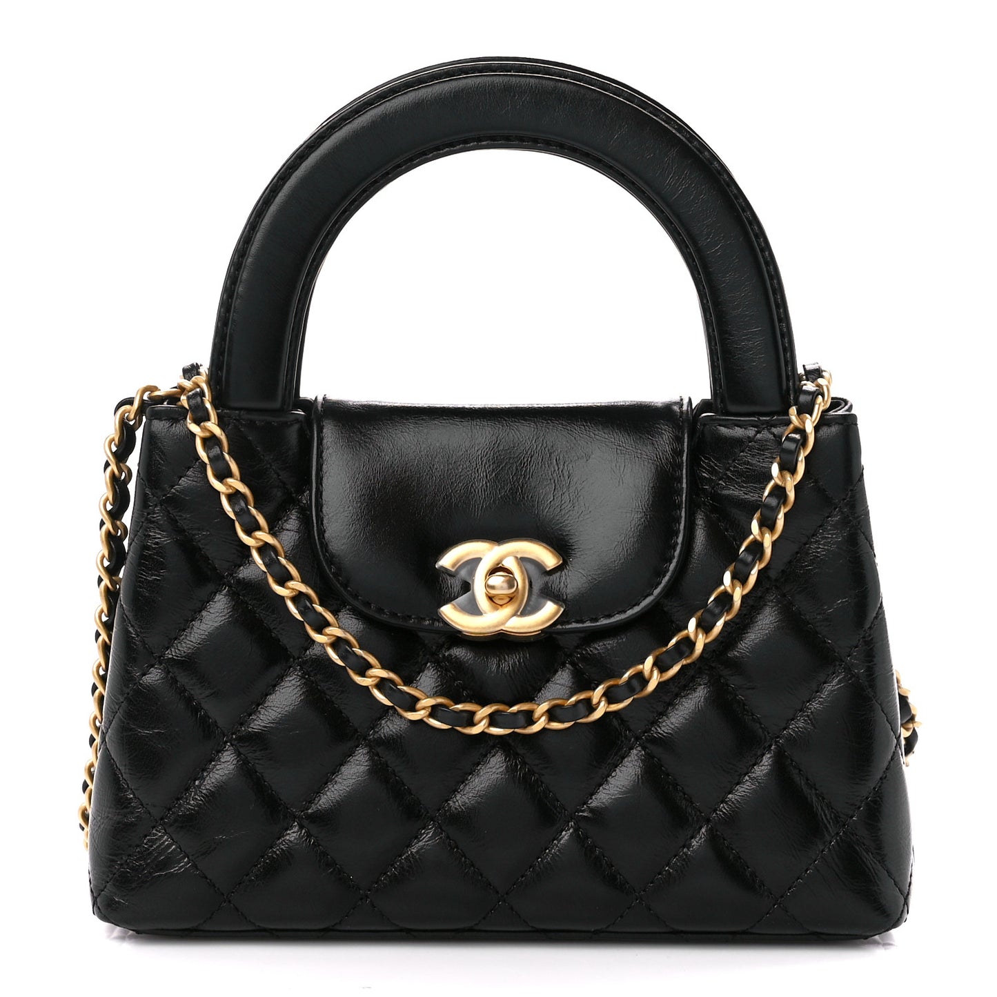 Shiny Aged Calfskin Quilted Nano Kelly Shopper Black