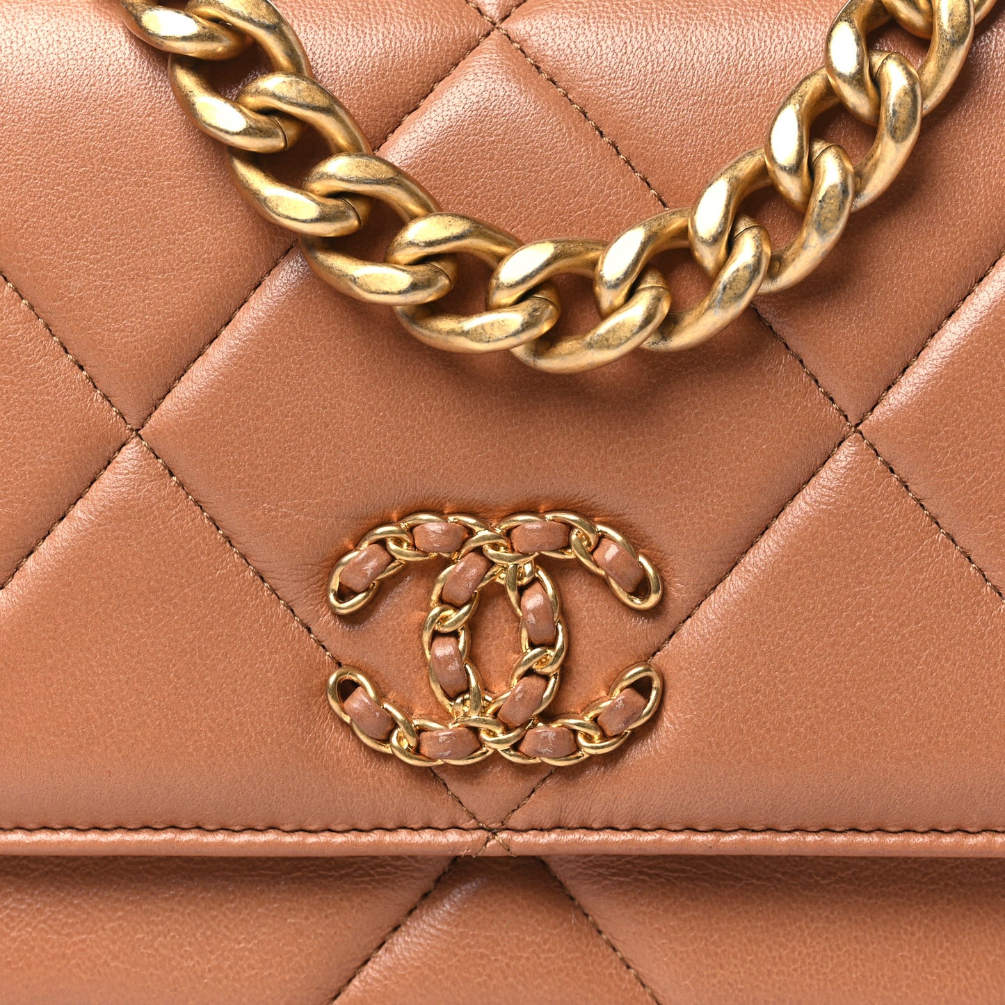 Lambskin Quilted Chanel 19 Wallet On Chain WOC Brown