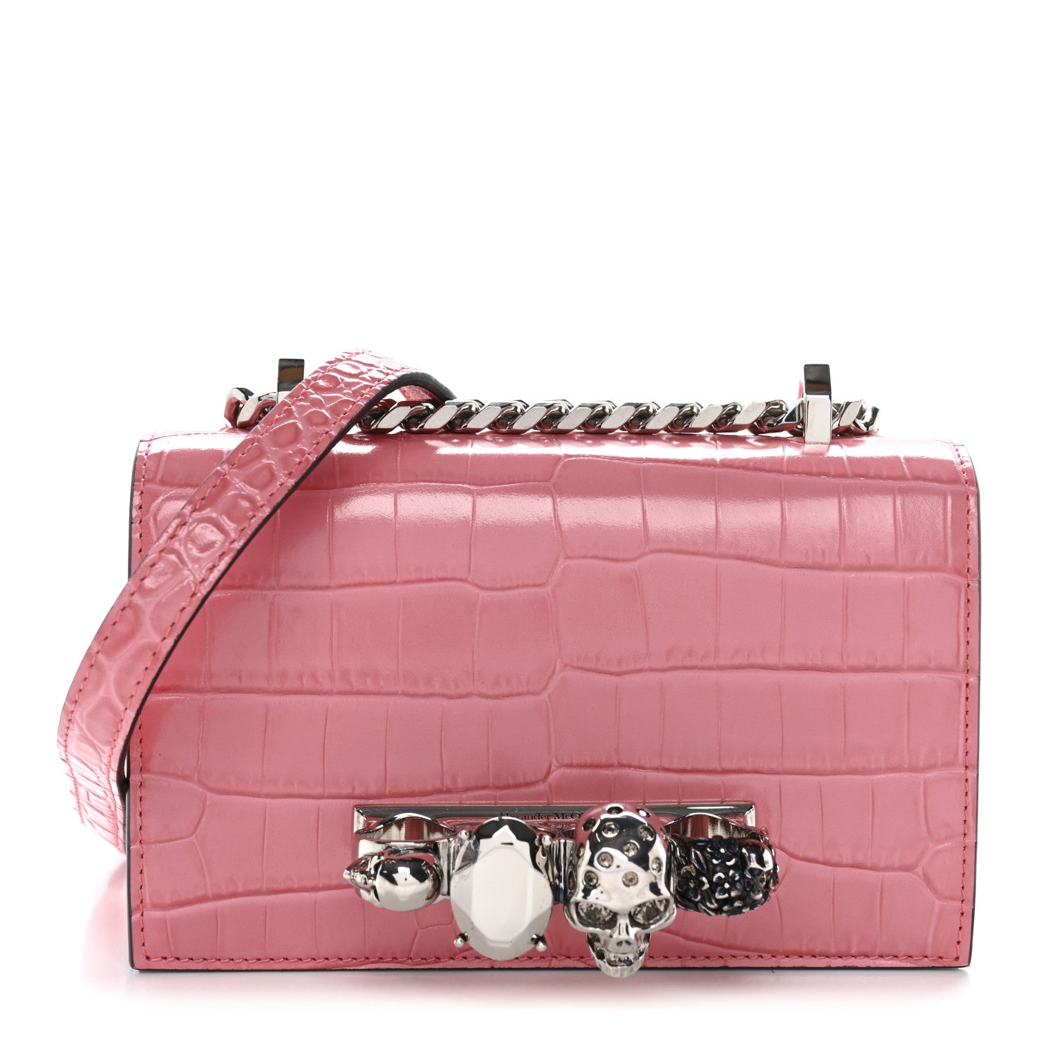 Alexander McQueen Calfskin Crocodile Embossed Mini Jeweled Knuckle