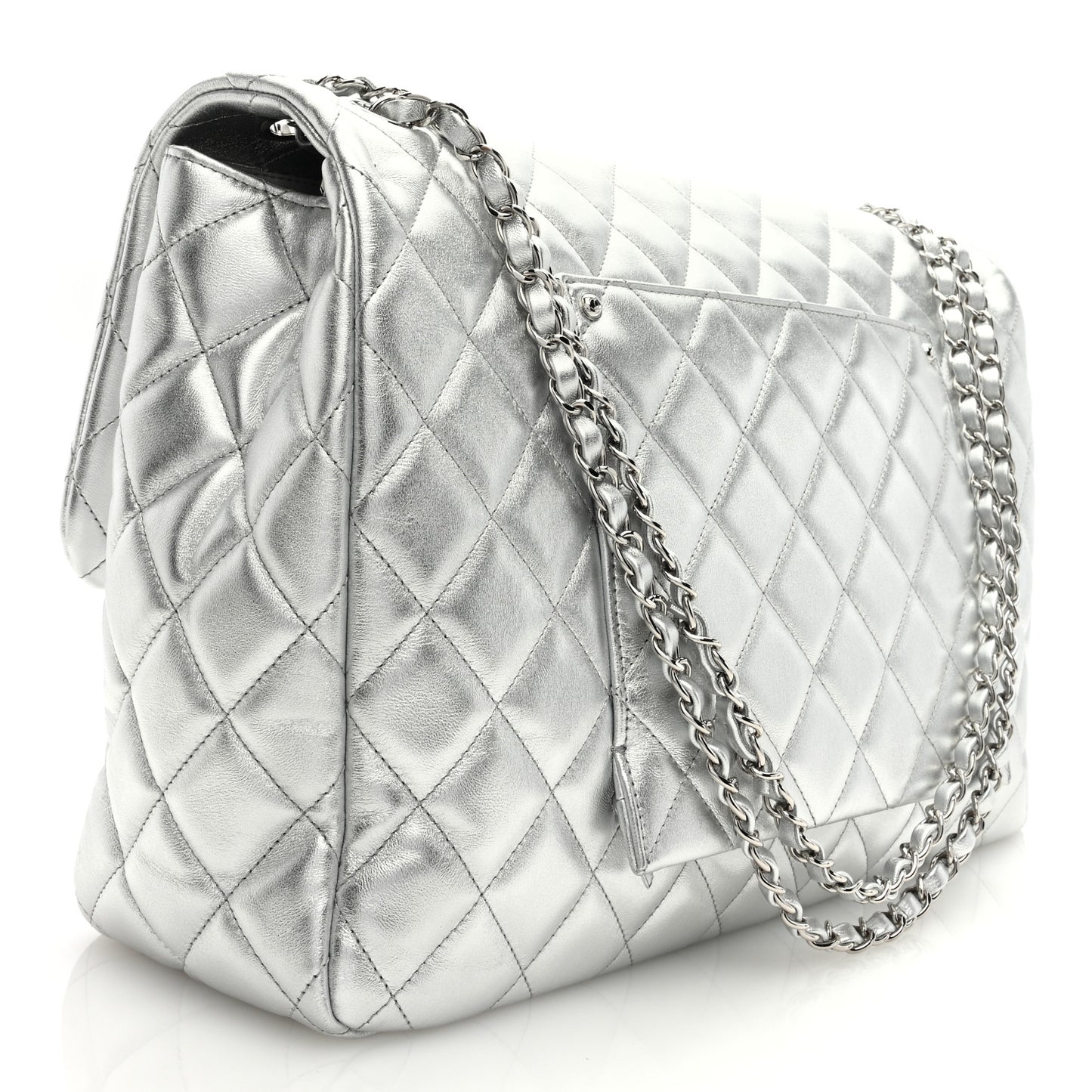 Metallic Lambskin Quilted XXL Travel Flap Bag Silver