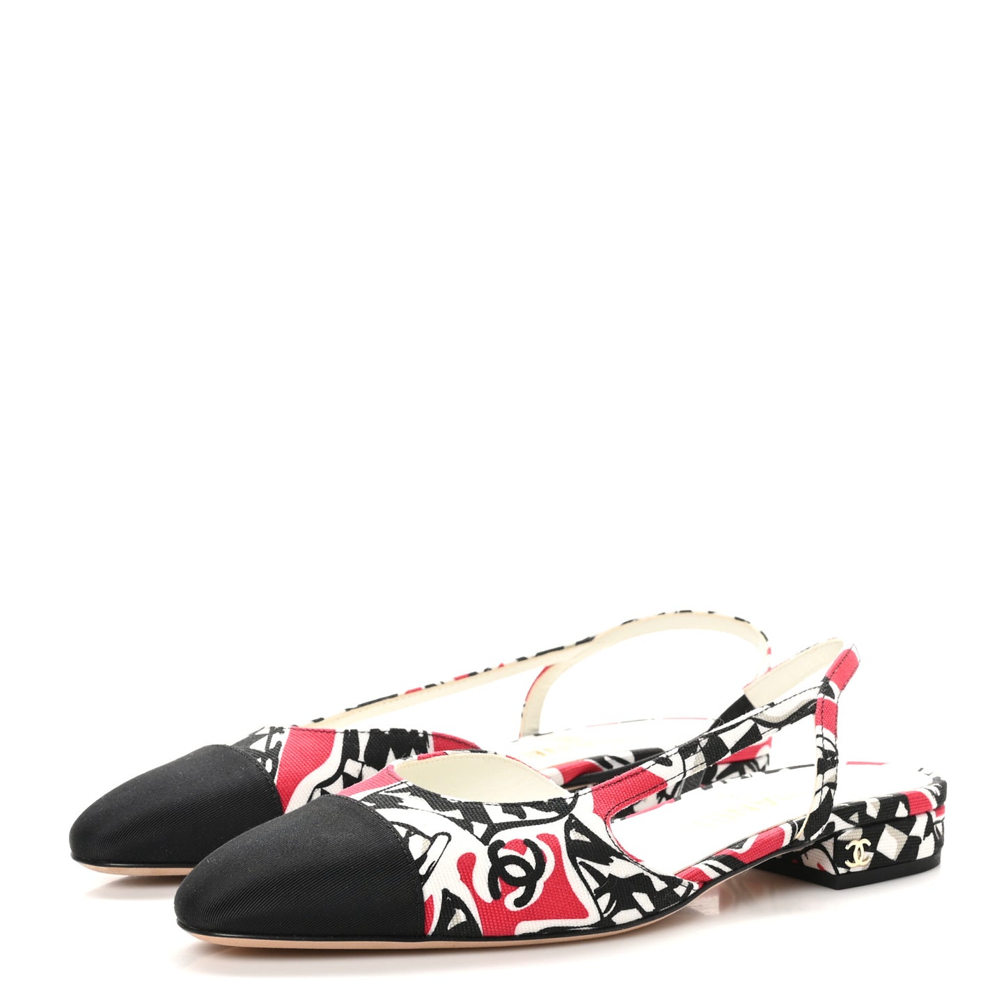 Printed Fabric Grosgrain Cap Toe CC Slingback Flats 37 Red Black White