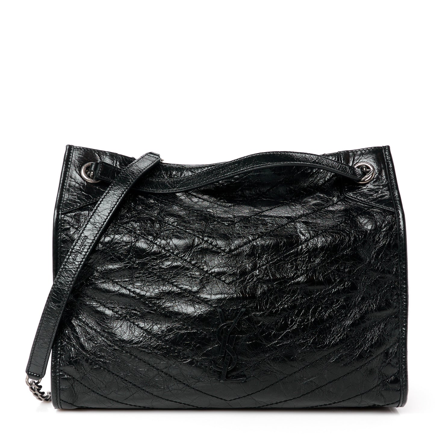 Crinkled Calfskin Matelasse Monogram Medium Niki Shopper Tote Black
