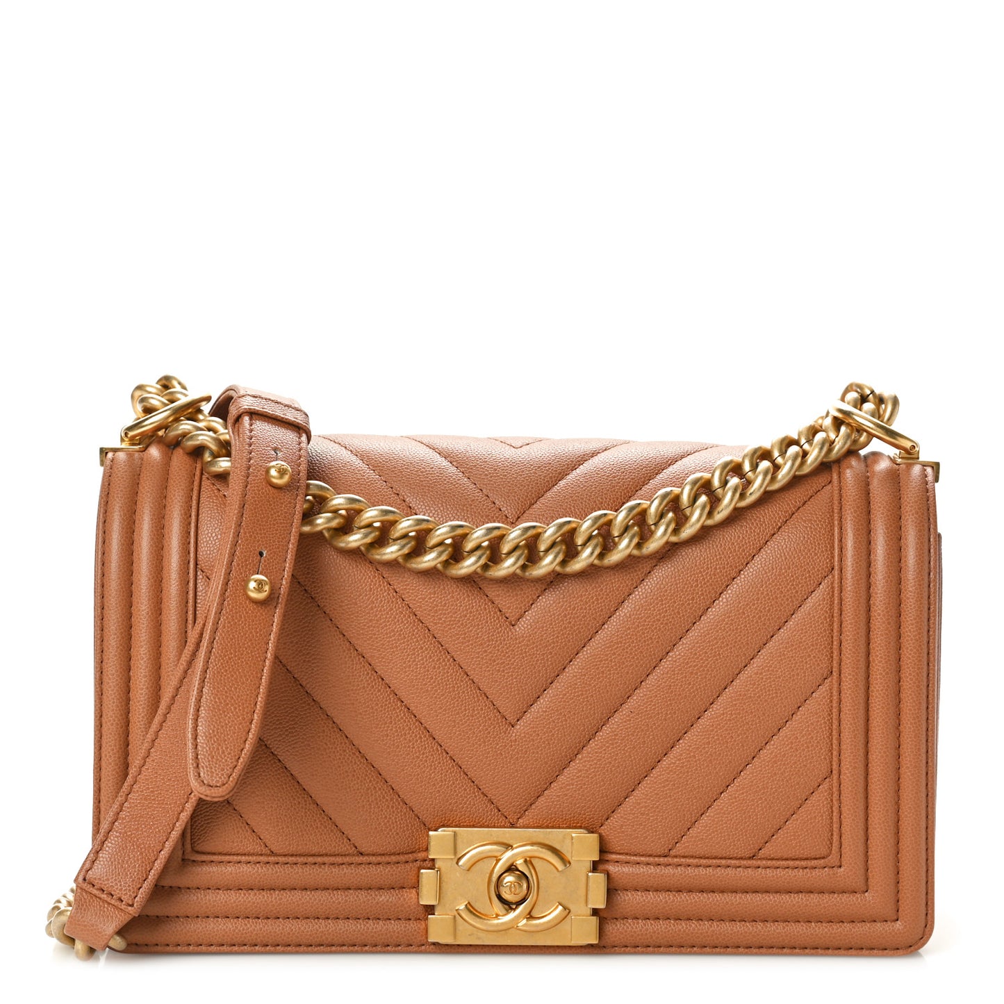 Caviar Chevron Quilted Medium Boy Flap Brown
