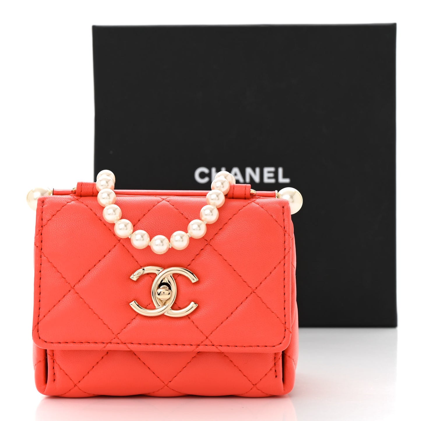 Lambskin Pearl Quilted Flap Clutch With Chain Coral
