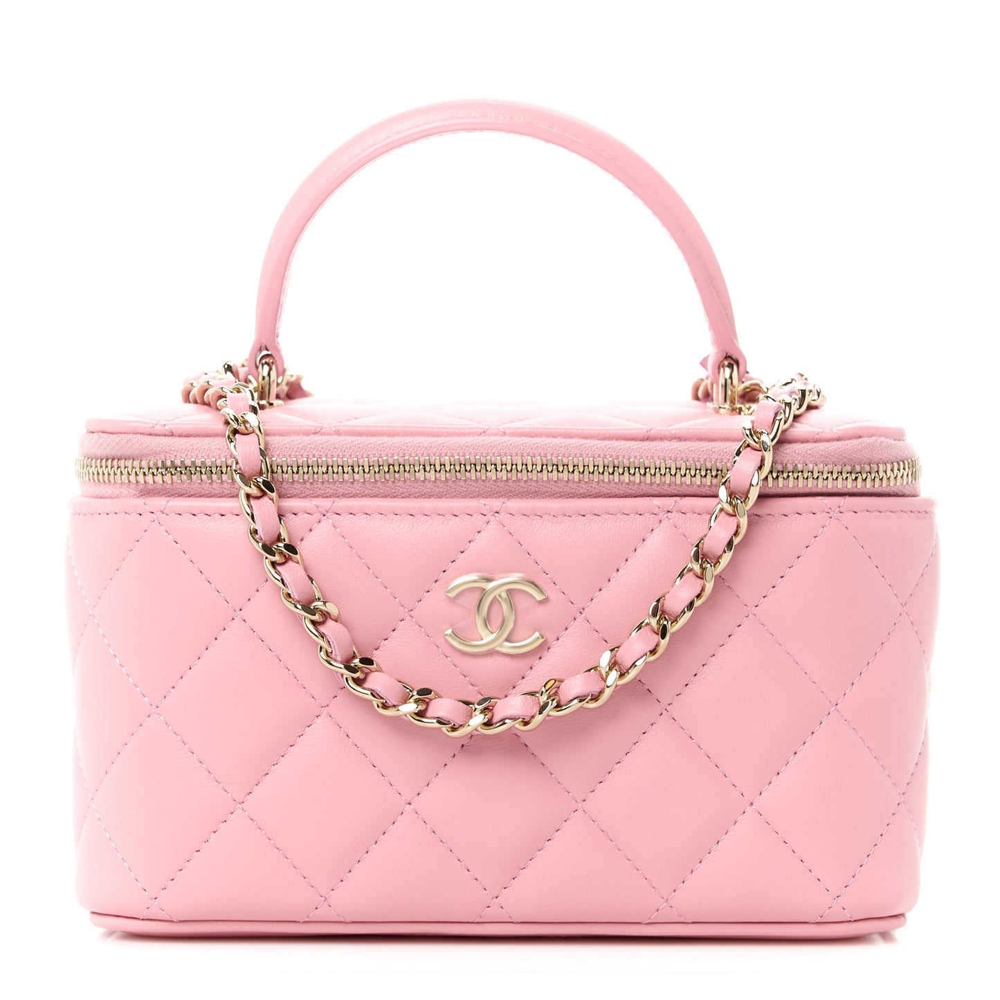 Lambskin Quilted Small Top Handle Vanity Case With Chain Light Pink Light Pink